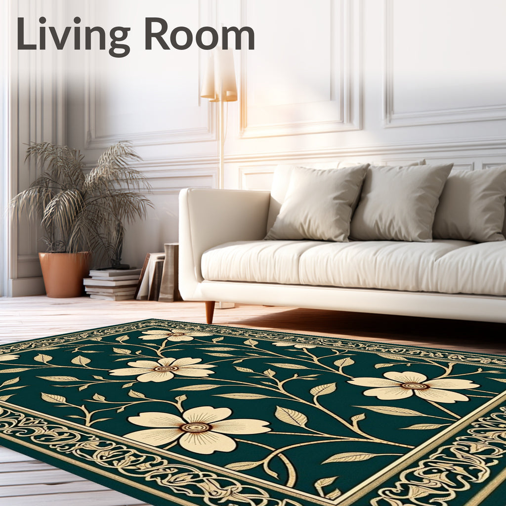 Floral Vine Bordered Dark Green Rug