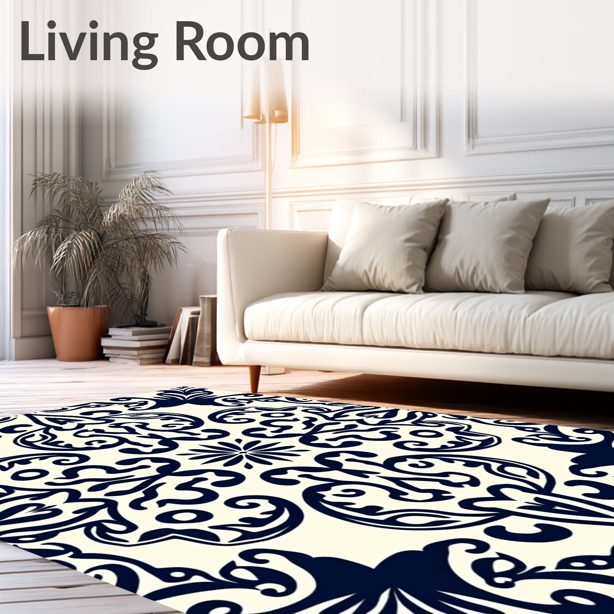 Dark Blue Damask Scroll Pattern Rug