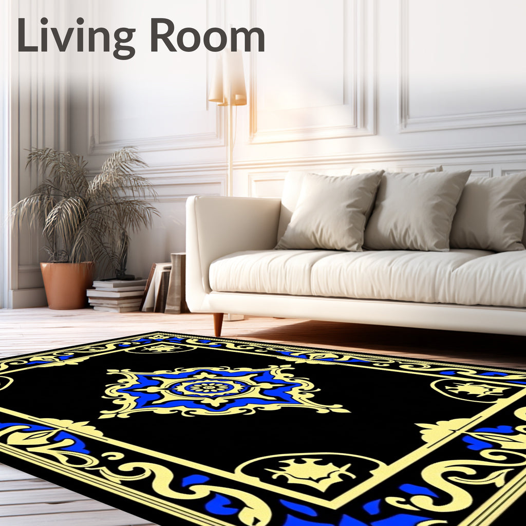 Bold Blue Gold Floral Frame Rug