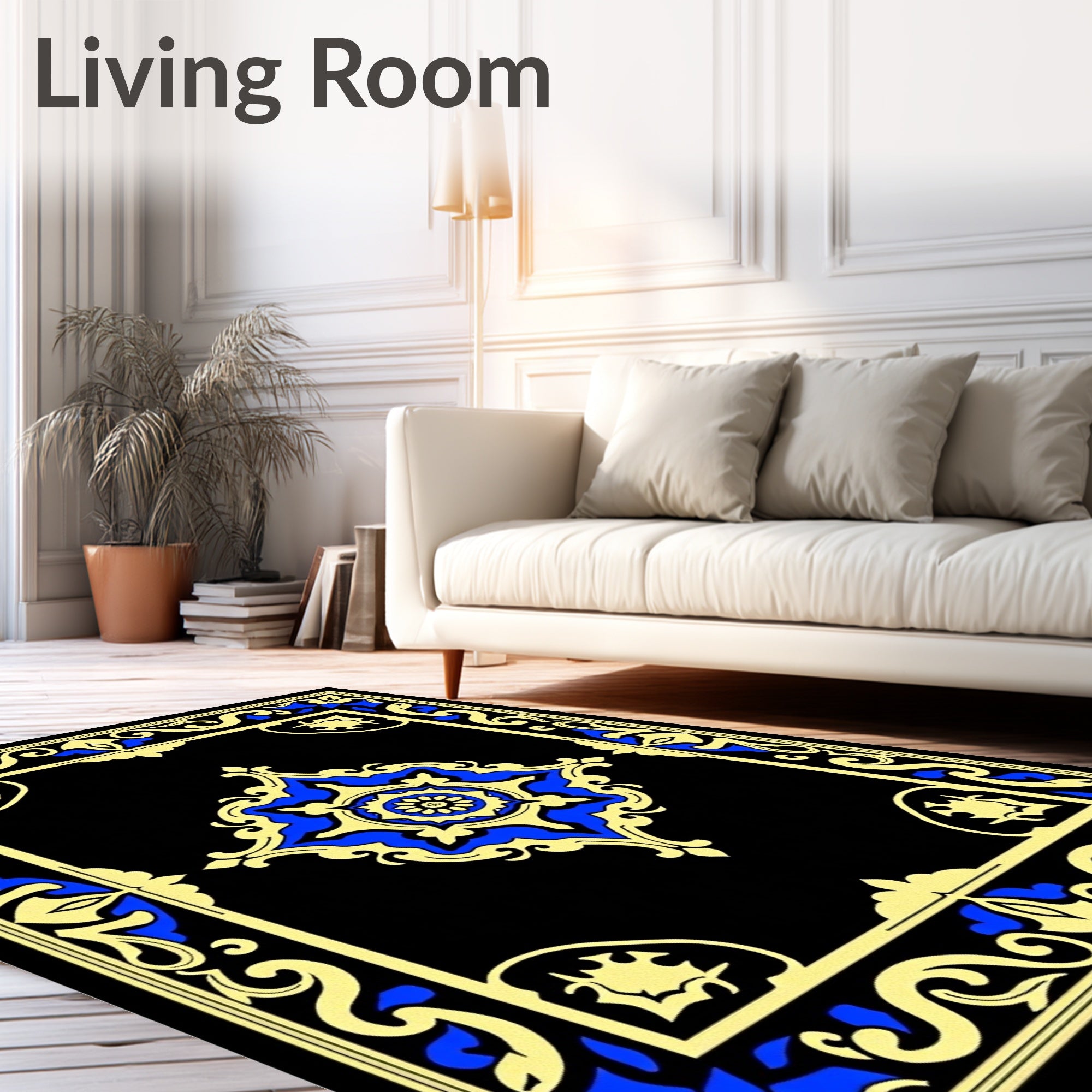 Bold Blue Gold Floral Frame Rug