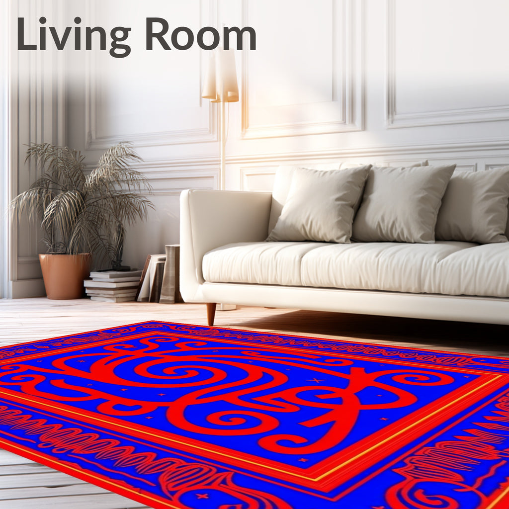 Bold Red Swirl Abstract Blue Design Rug