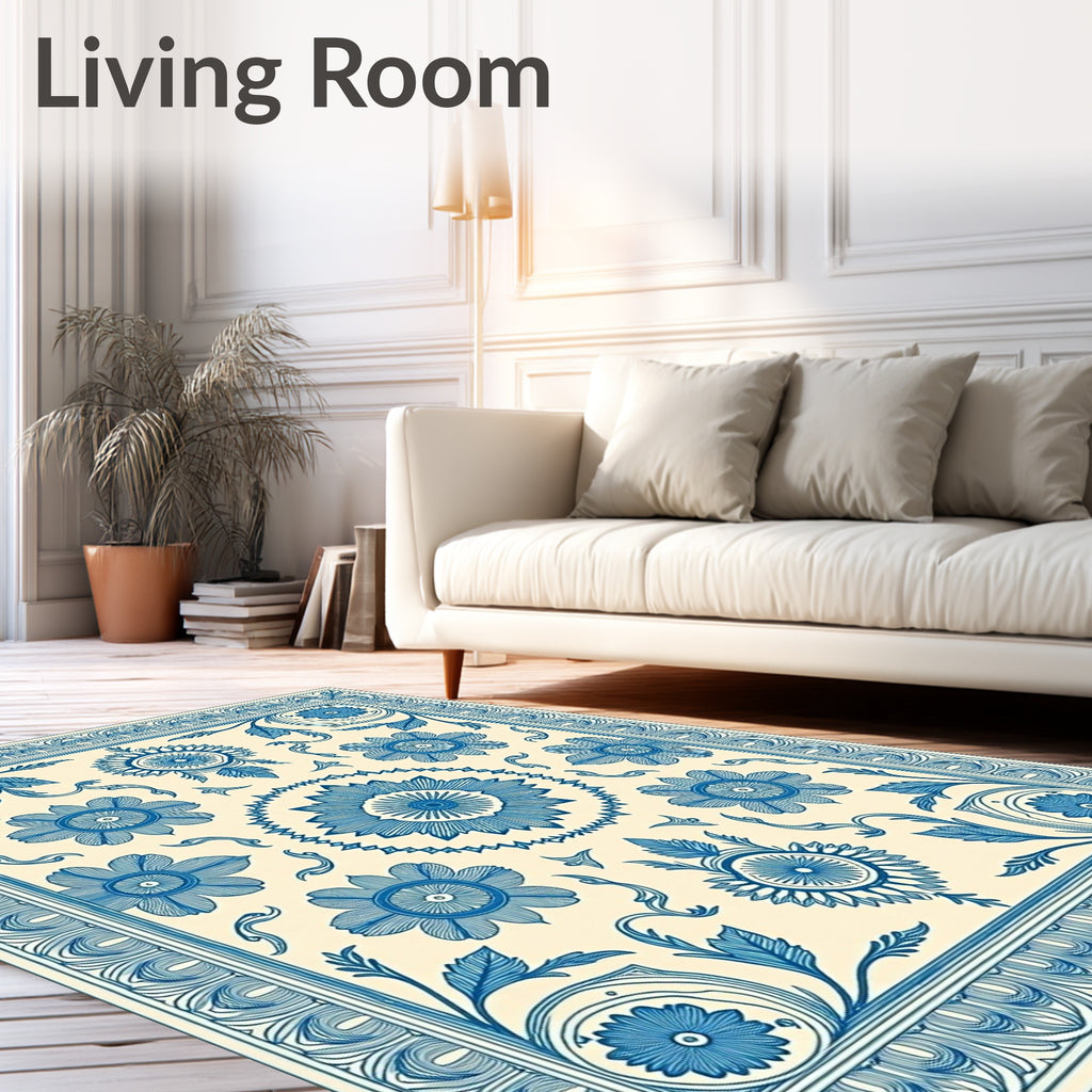 Elegant Blue Floral Medallion Design Rug