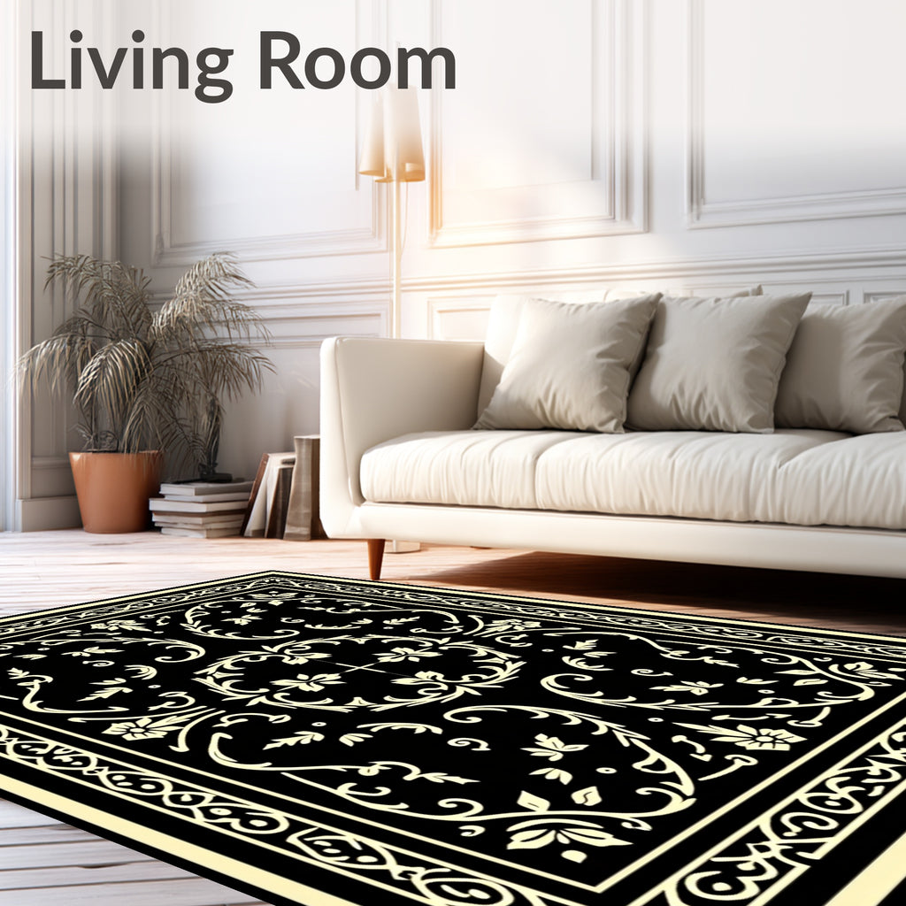 Cream Floral Scrollwork Black Rug