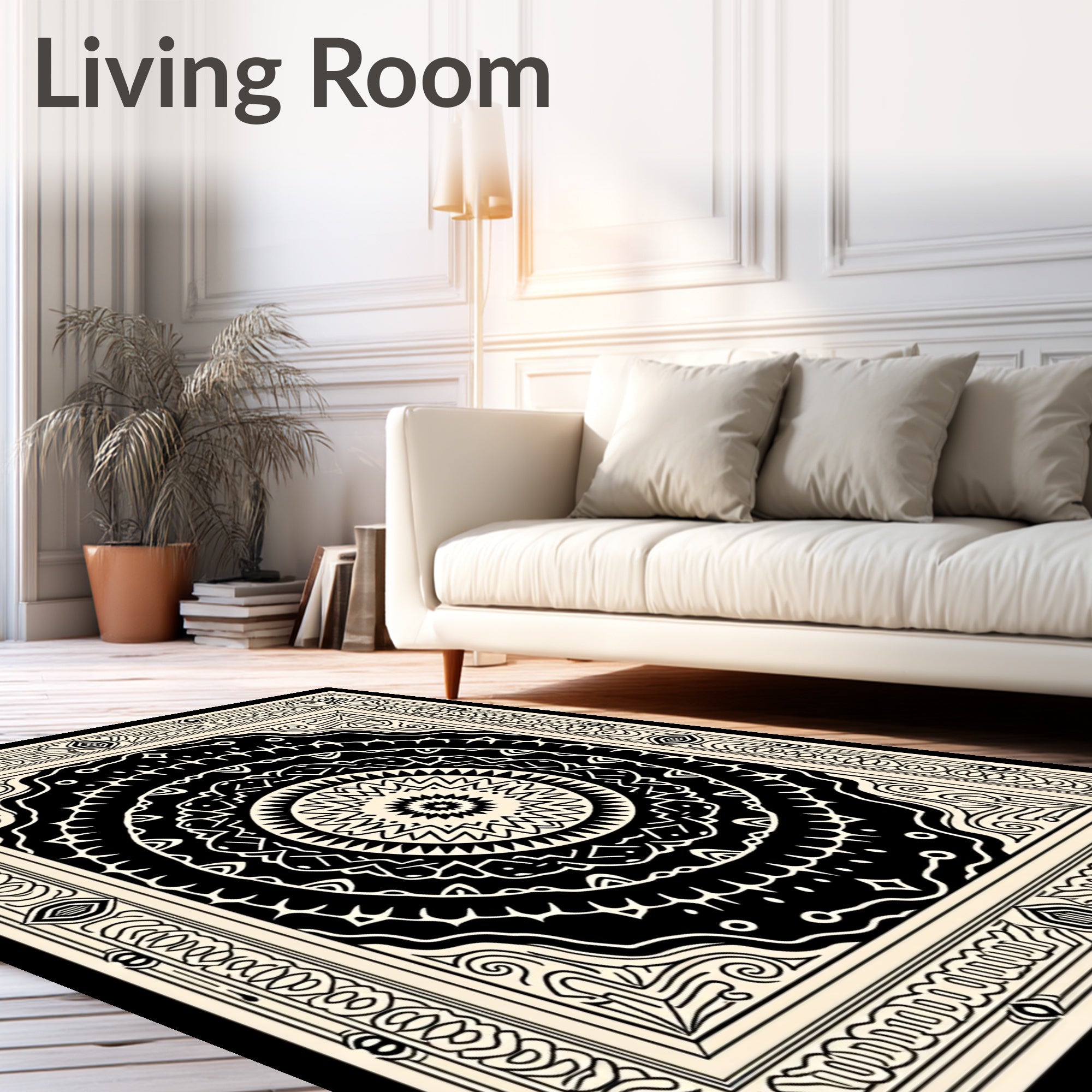 Intricate Radial Black Ivory Pattern Rug