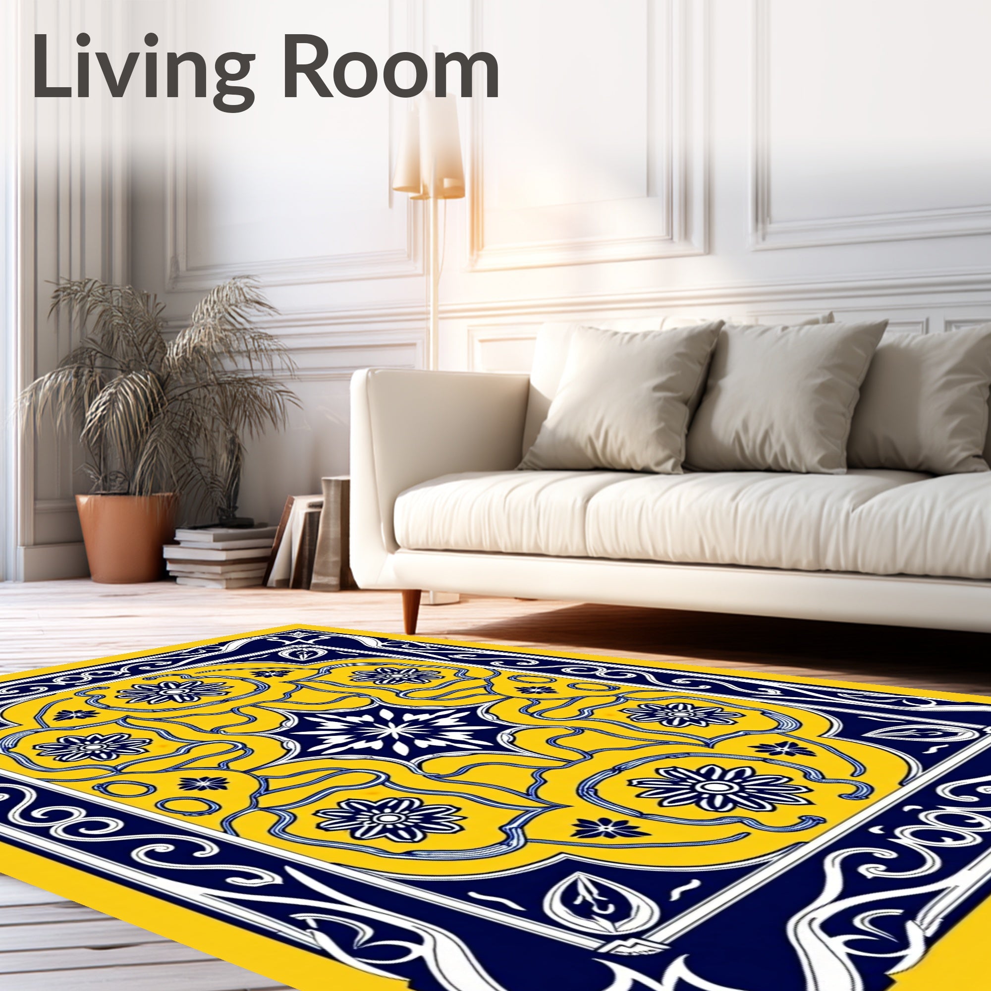 Bold Yellow Navy Floral Pattern Rug