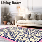 Navy Blue Leafy Branches Pattern Rug