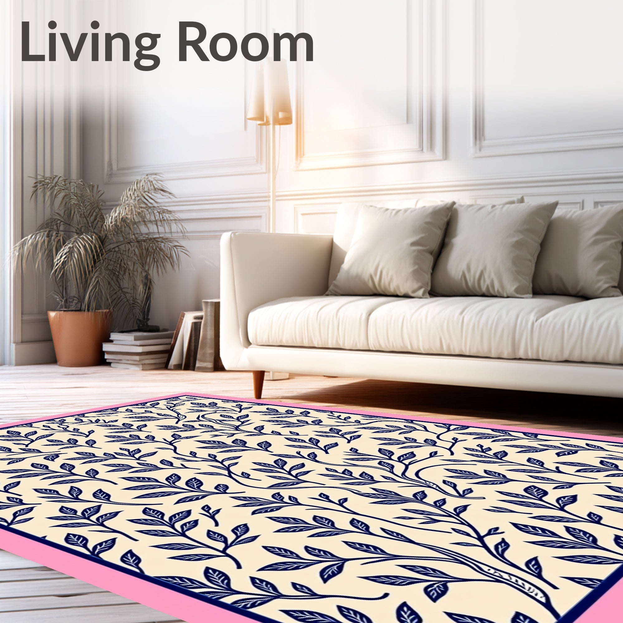 Navy Blue Leafy Branches Pattern Rug