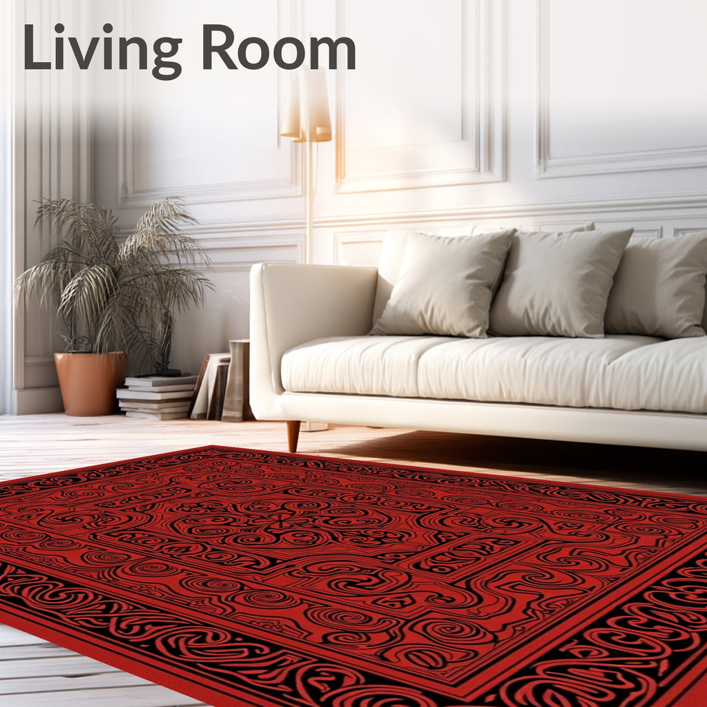 Intricate Red Black Scroll Pattern Rug