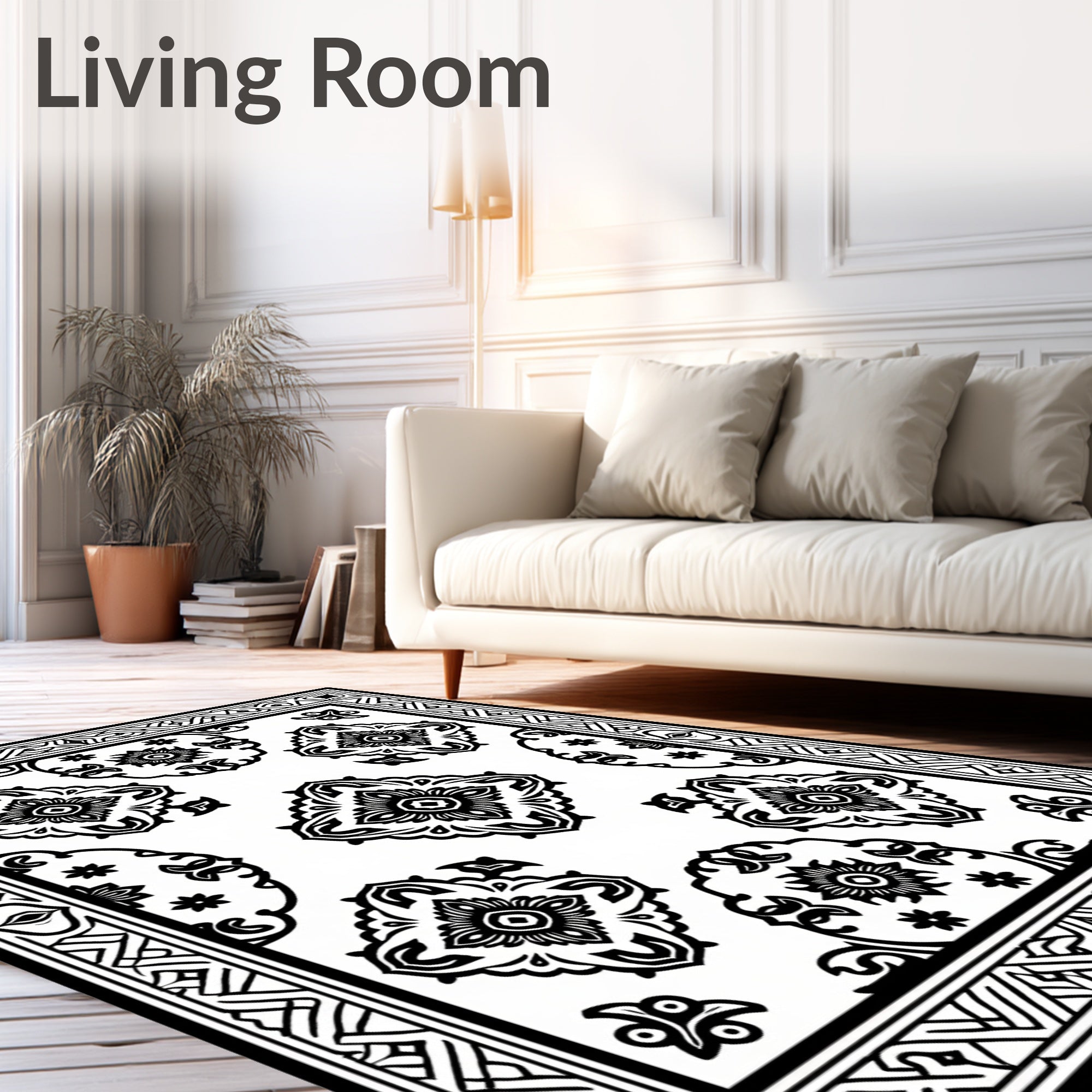 Black White Classic Damask Tile Rug
