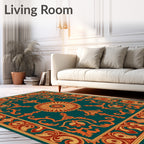 Ornate Floral Scrollwork Teal Rug