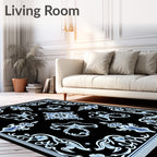 Elegant Blue Floral Medallion Black Rug