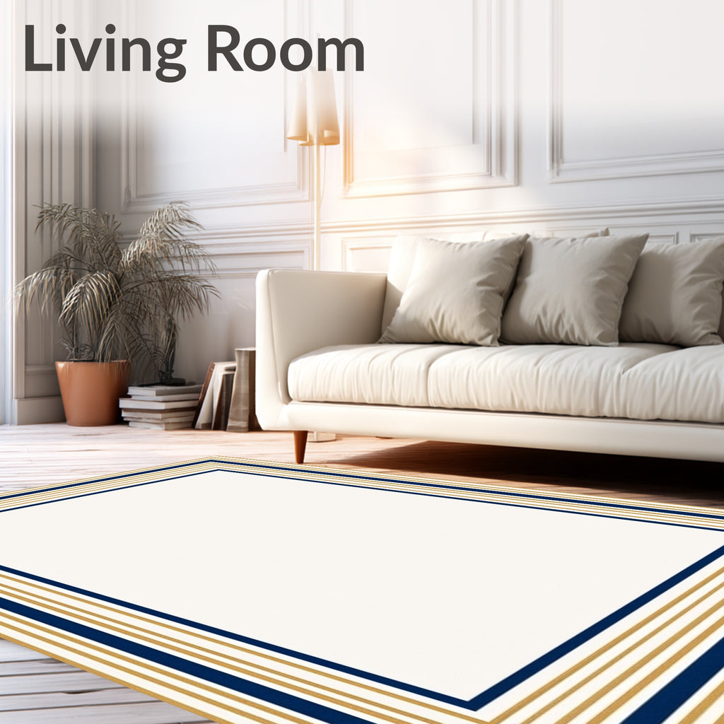 Navy Gold Striped Geometric Frame Rug