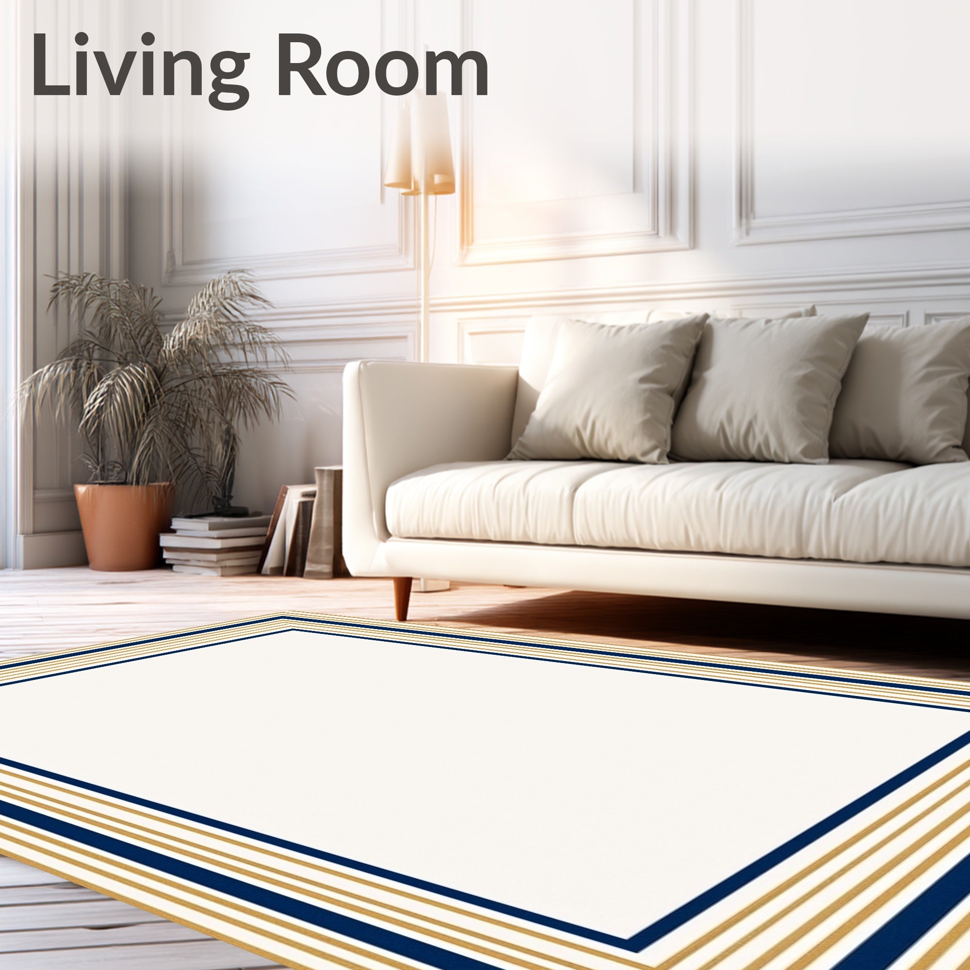 Navy Gold Striped Geometric Frame Rug