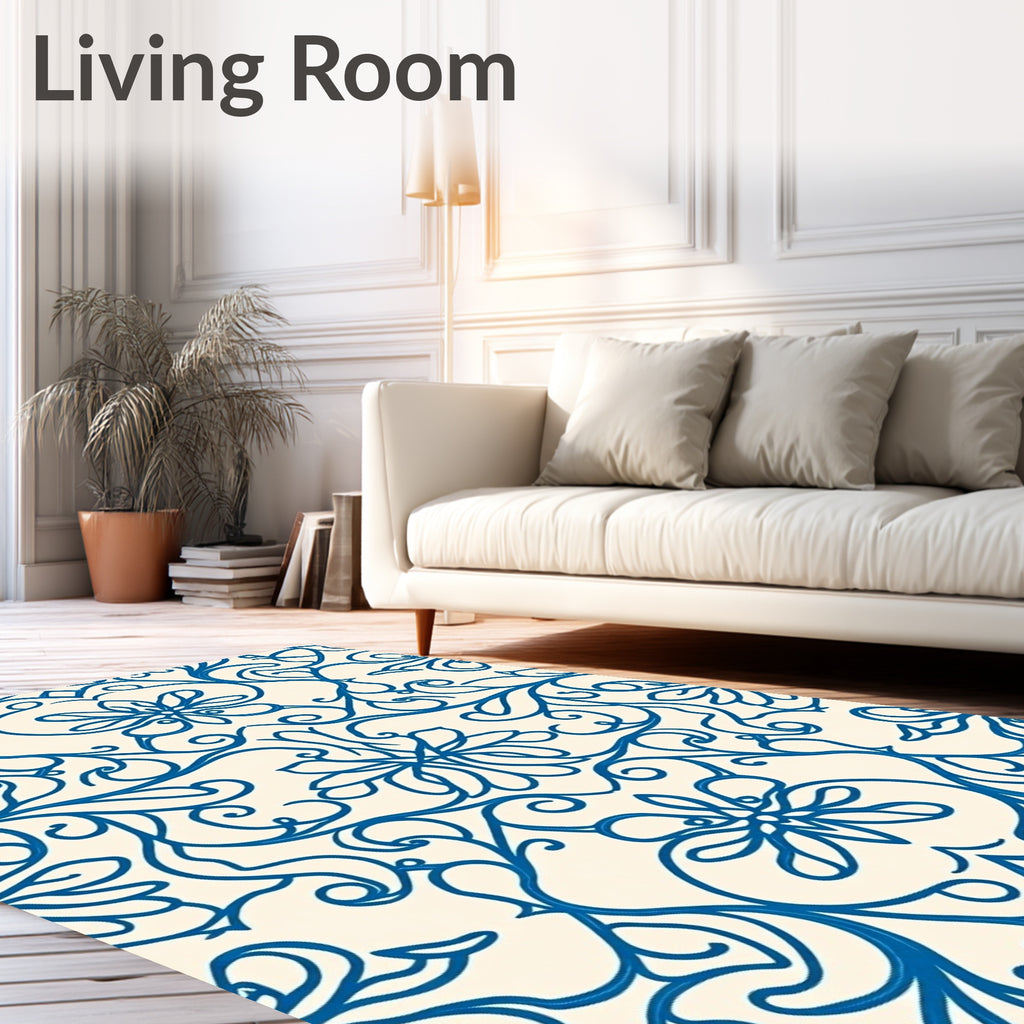Blue Swirling Floral Vine Pattern Rug
