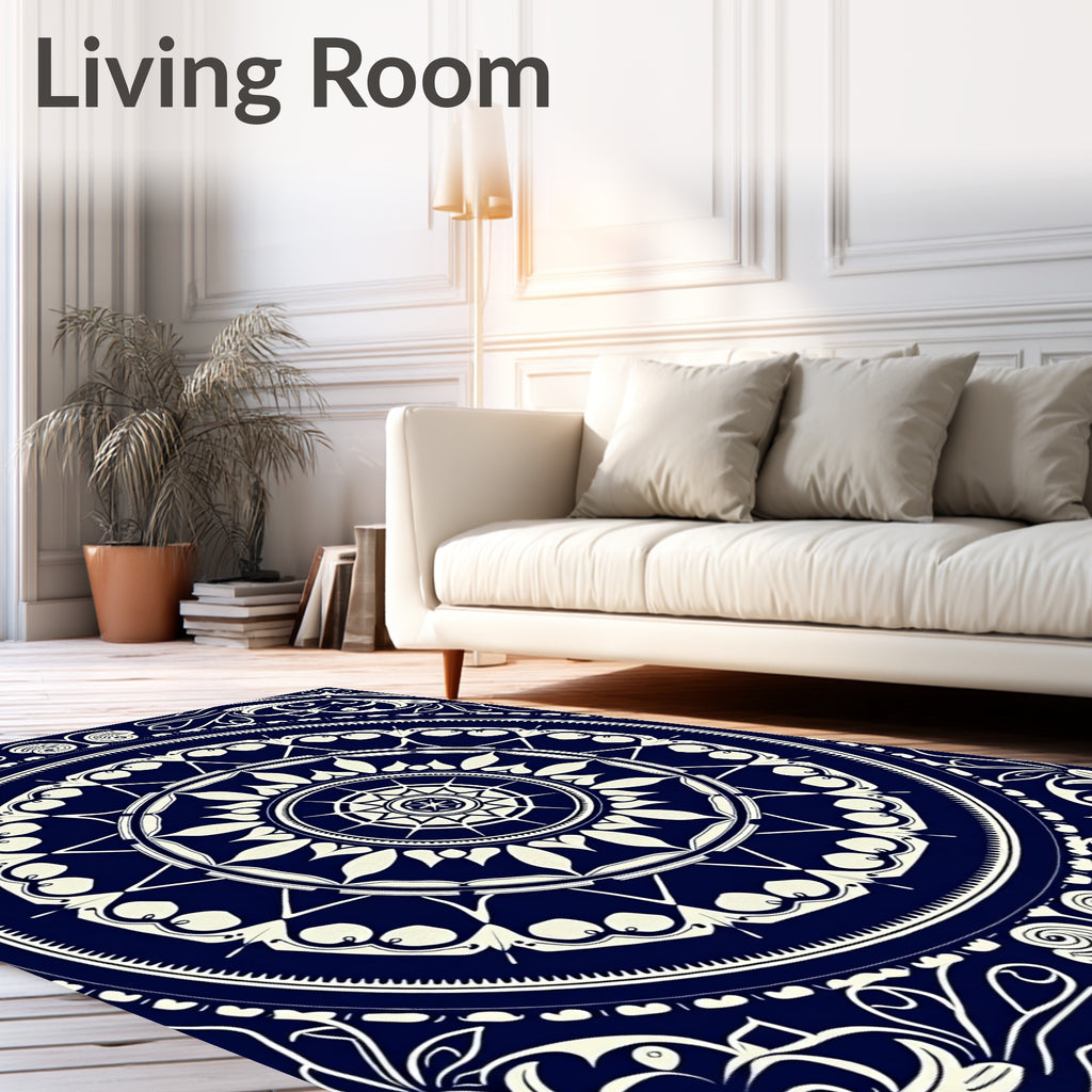 Navy Ivory Ornate Mandala Pattern Rug