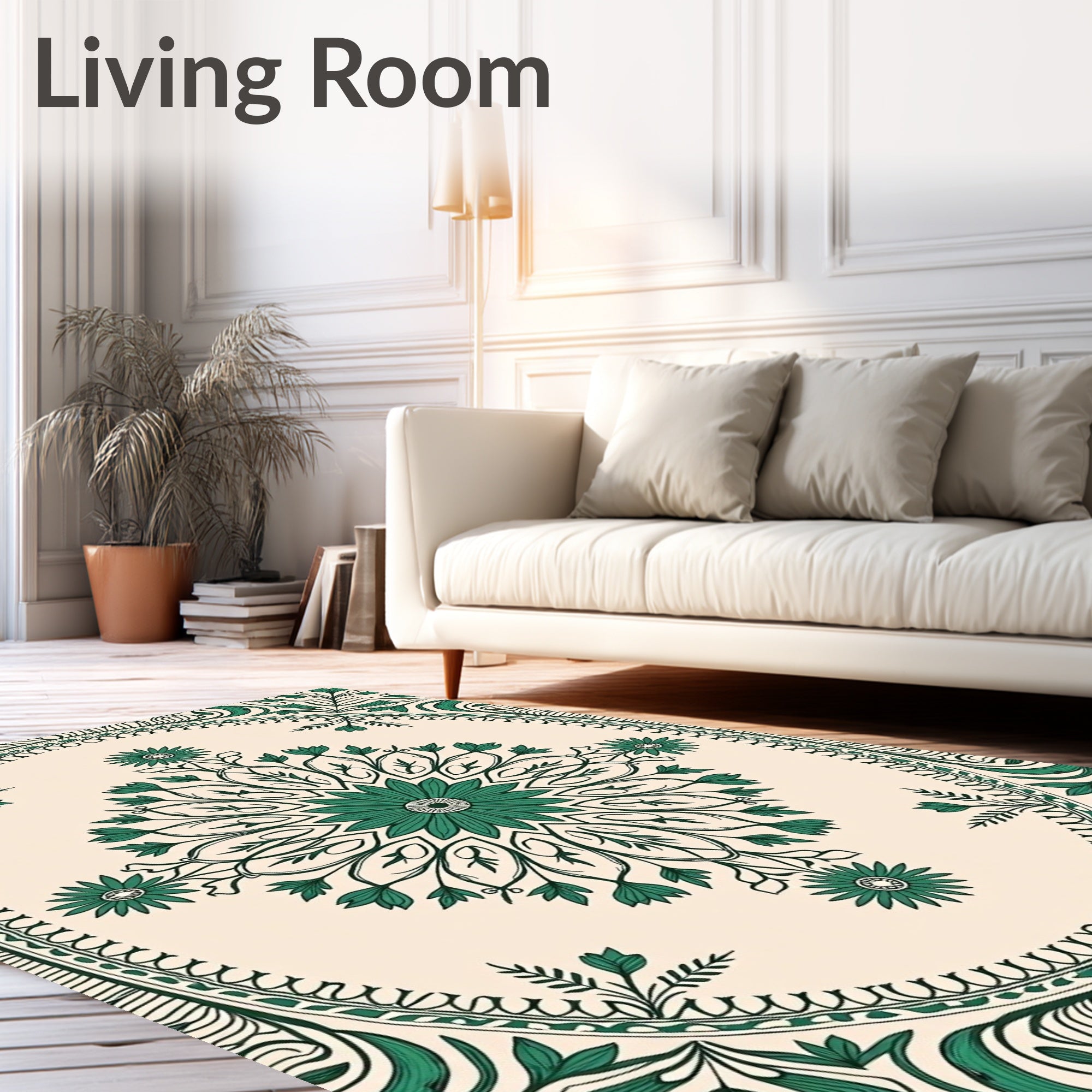 Green Floral Mandala With Vine Border Rug