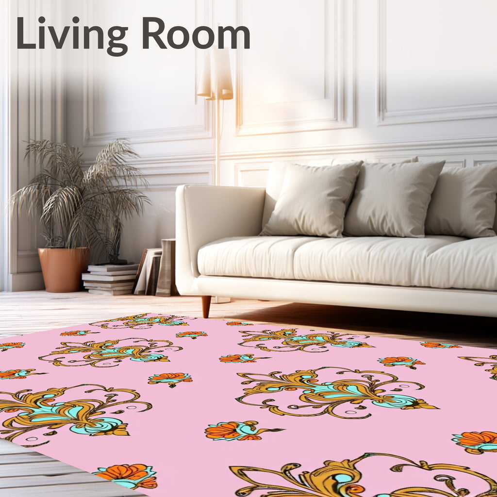 Pink Ornate Floral Gold Turquoise Pattern Rug