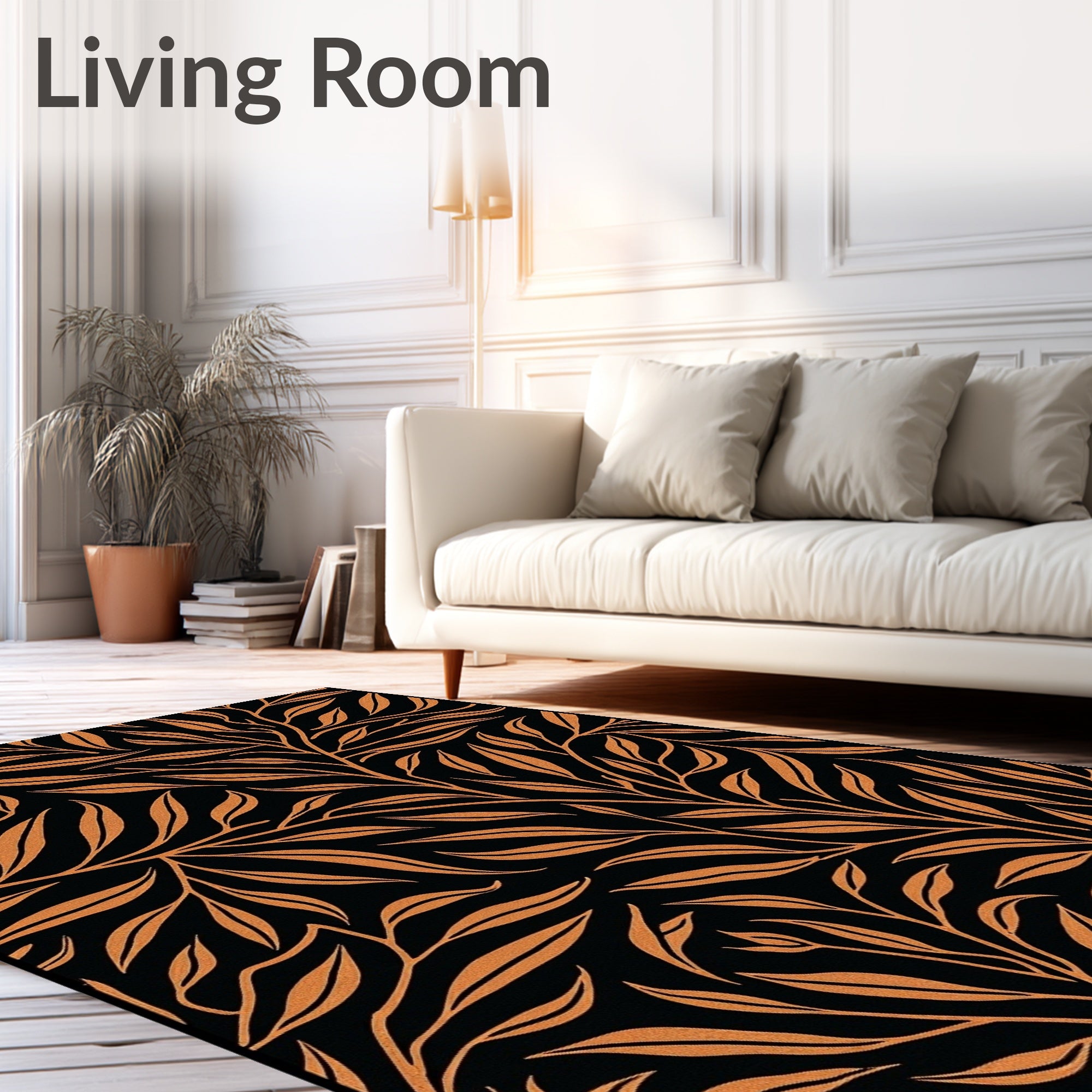 Black Orange Leafy Branch Pattern Rug