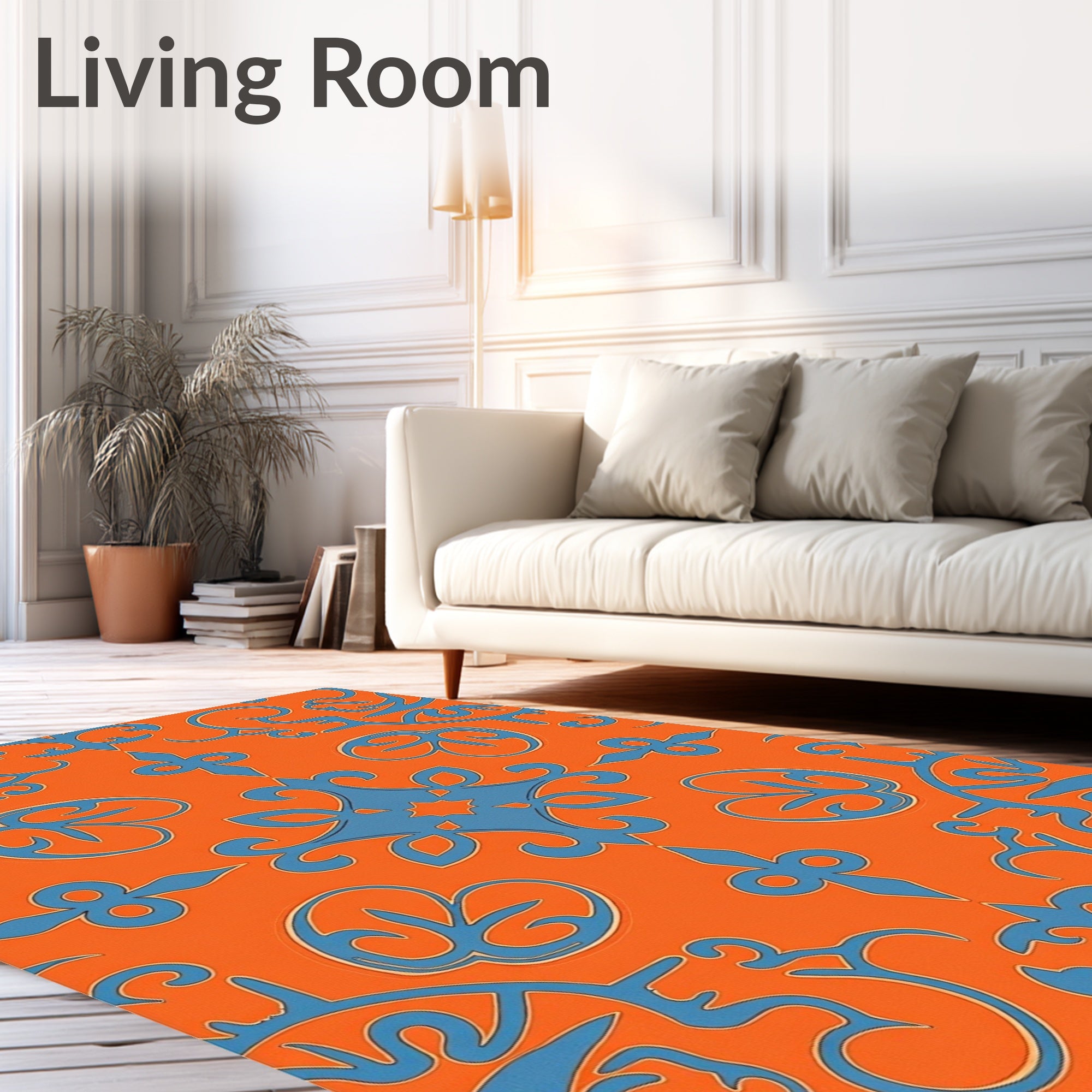 Traditional Blue Orange Floral Pattern Rug