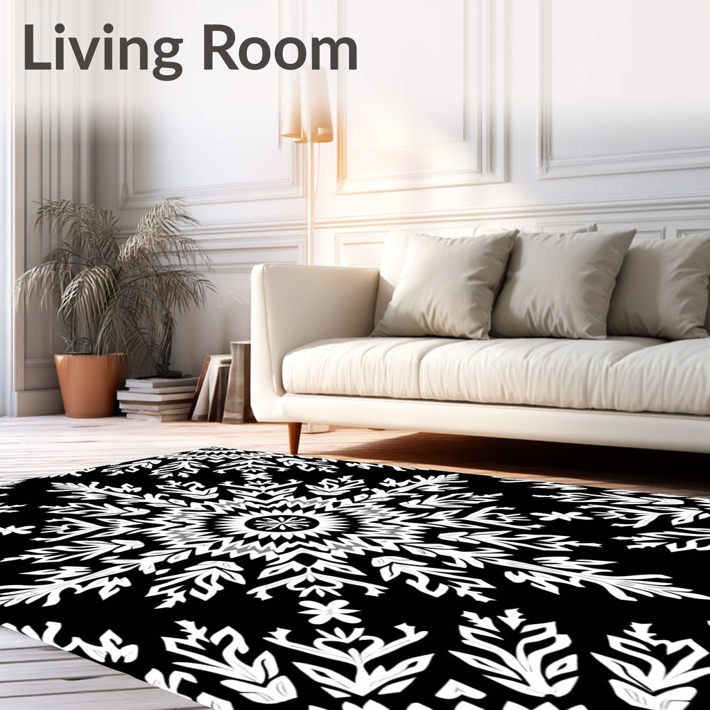Bold Black and White Floral Mandala Rug