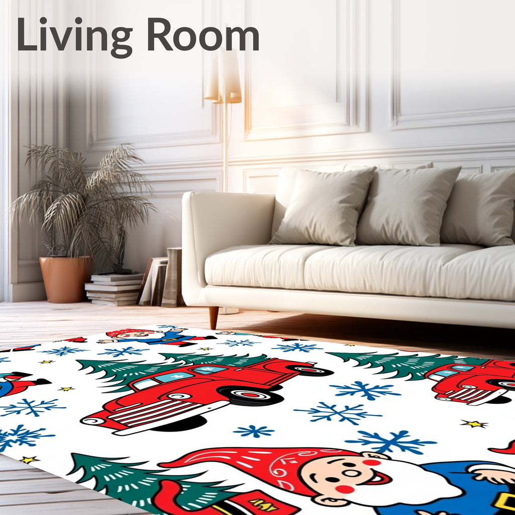 Red Trucks Gnomes Blue Snowflakes Trees Rug