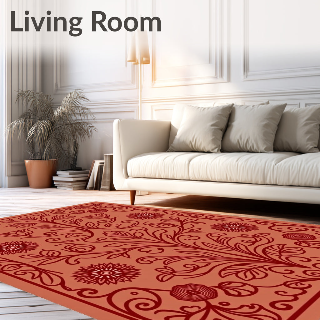 Ornate Coral Floral Vine Pattern Rug
