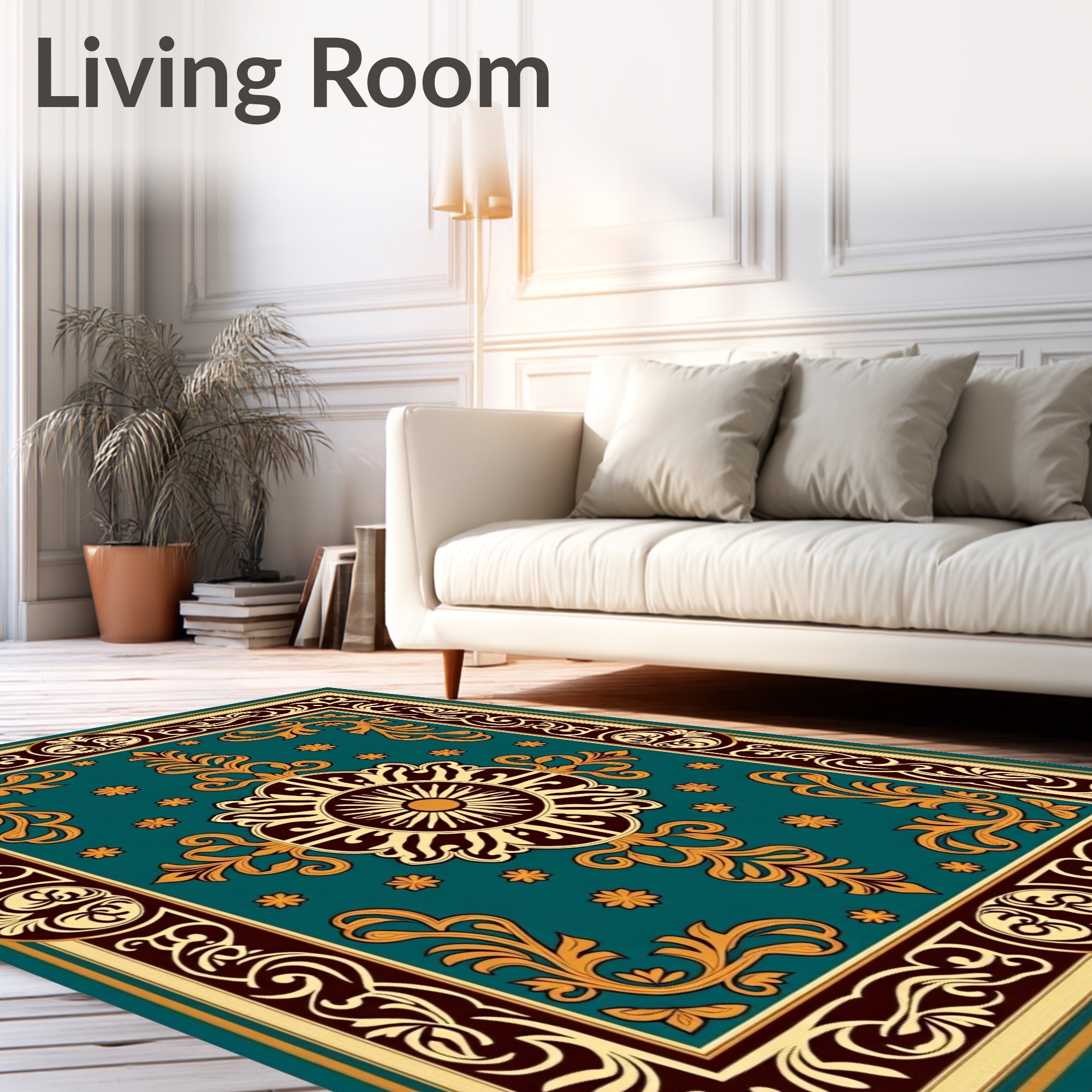 Ornate Teal Gold Floral Medallion Rug