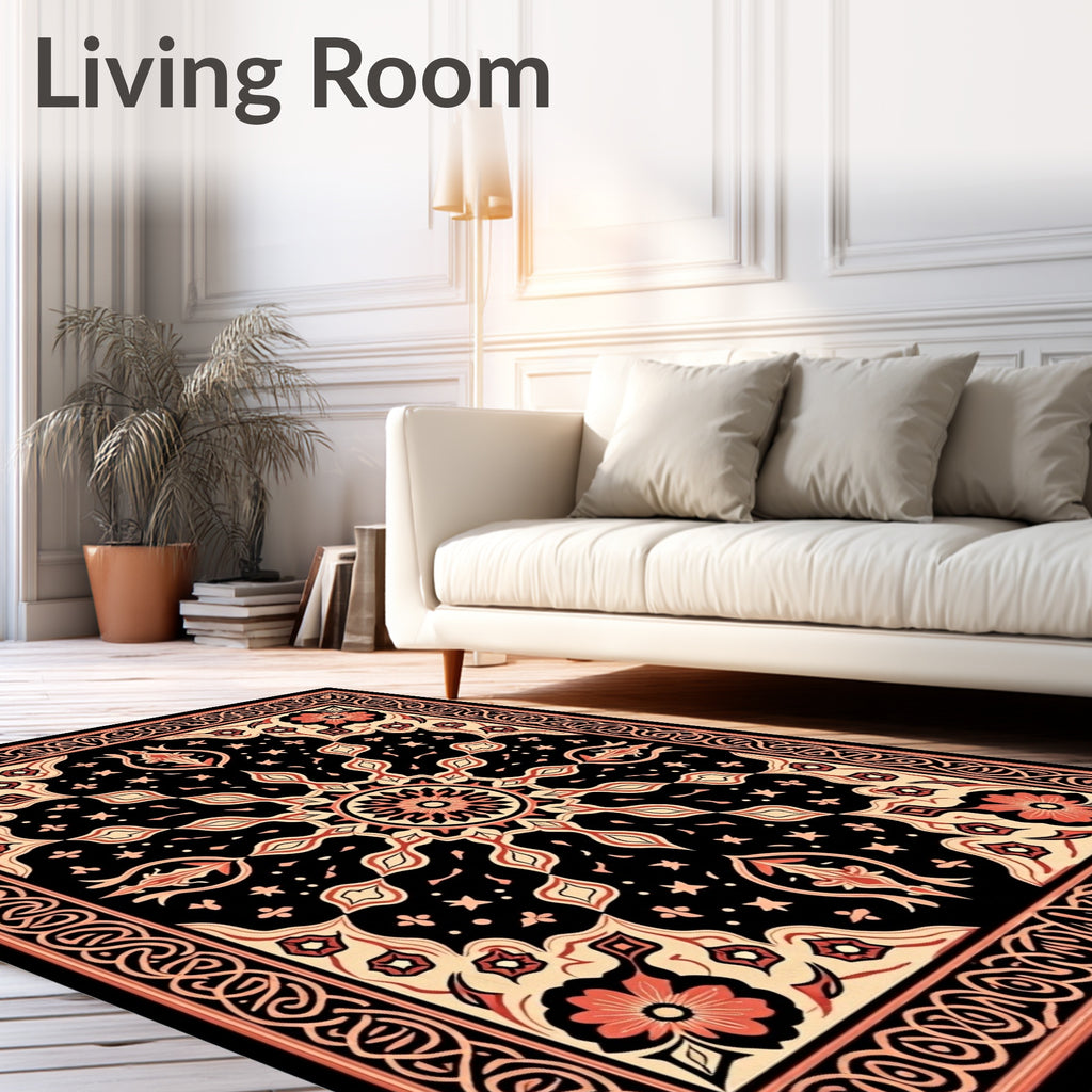 Intricate Floral Sunburst Black and Red Rug