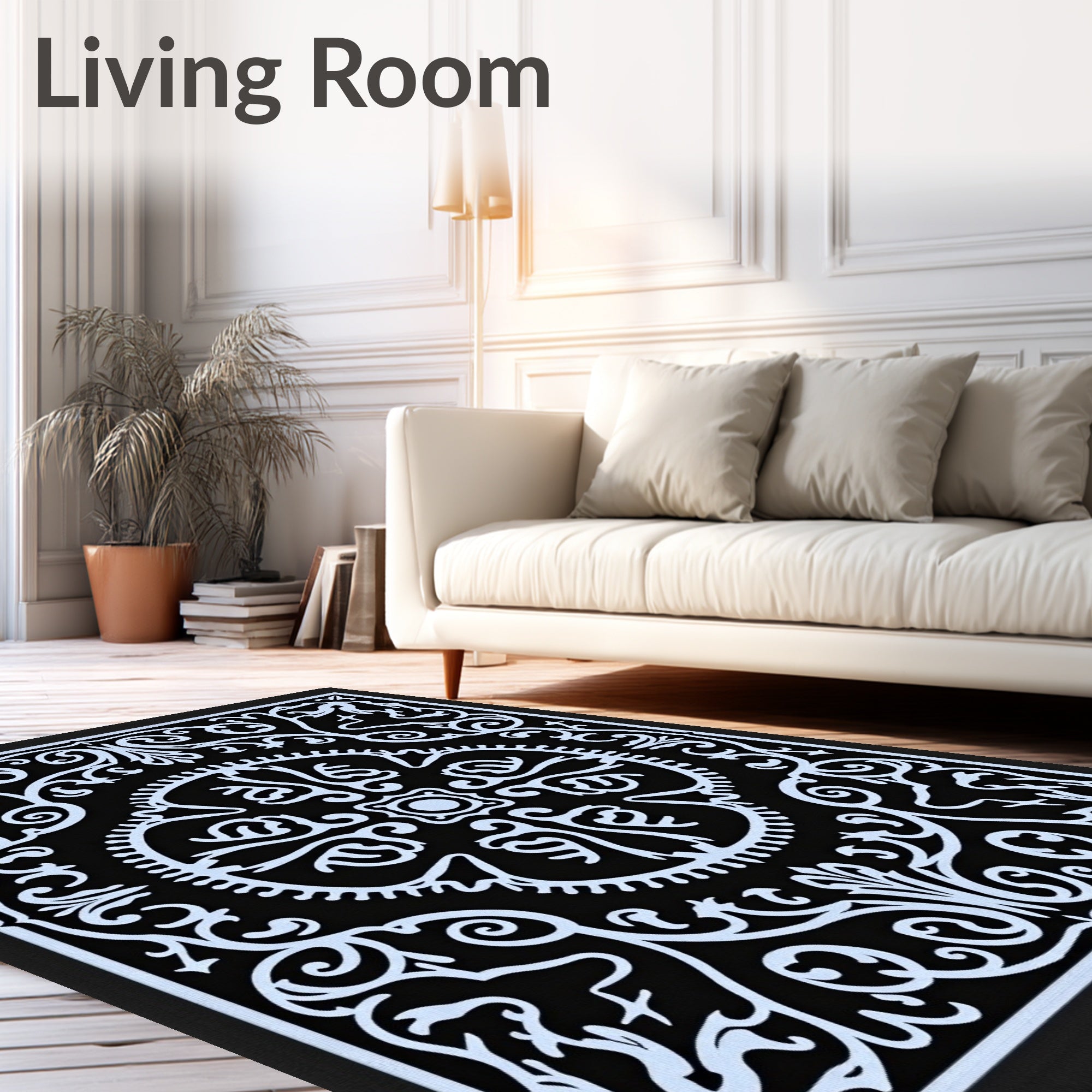 Ornate Black And White Floral Rug