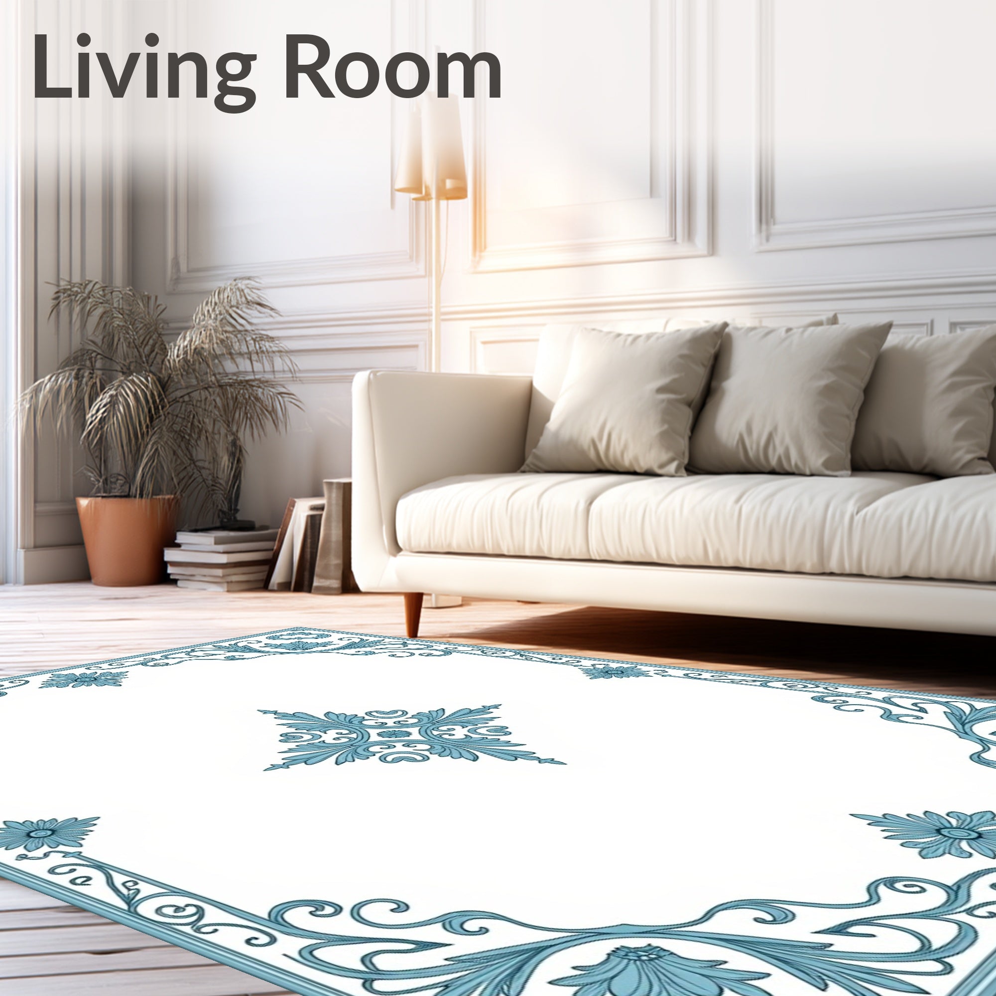 Elegant Blue Floral Scrollwork Design Rug