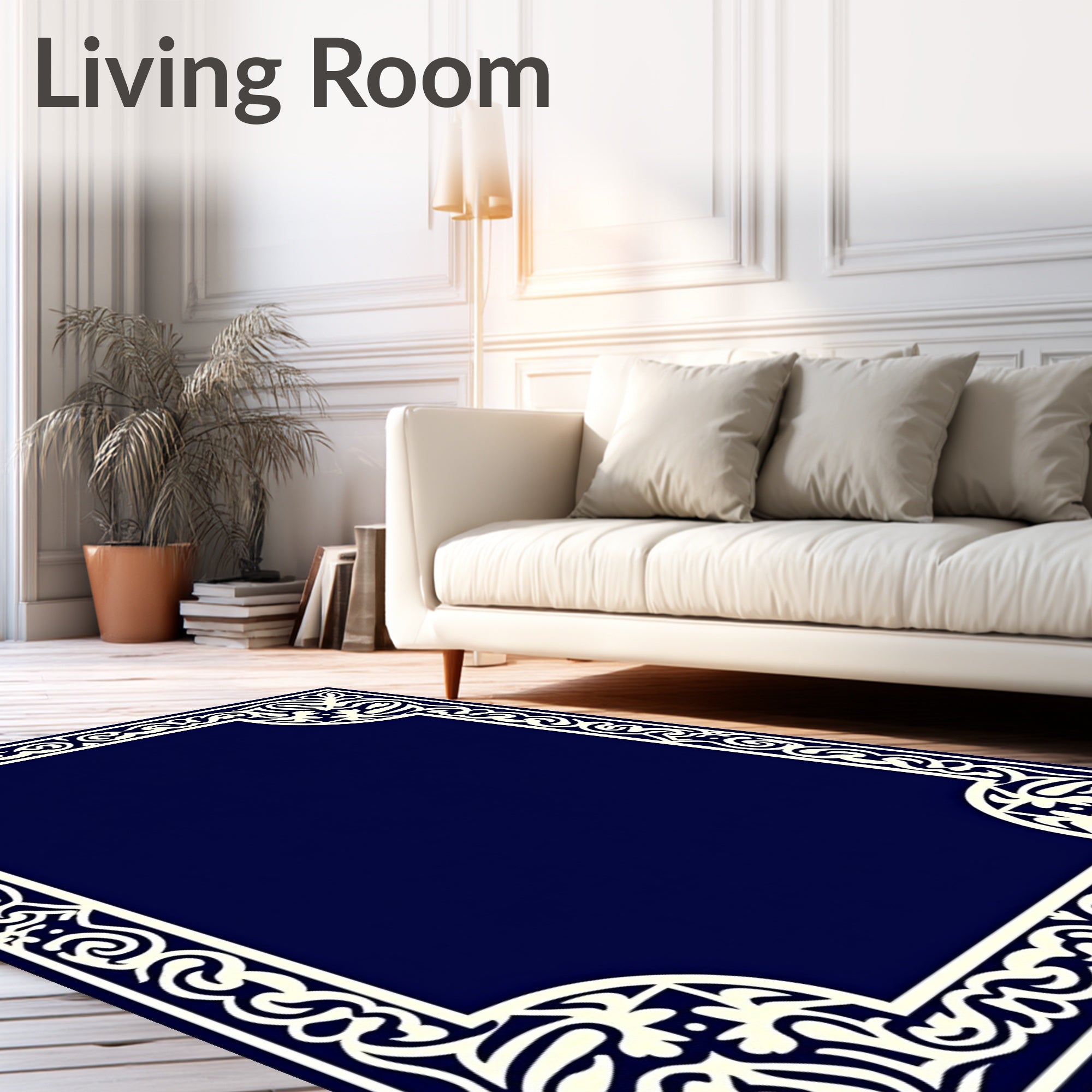 Elegant Ivory Floral Scroll Border Design Rug