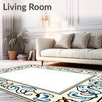 Ornate Cream Blue Brown Floral Border Rug