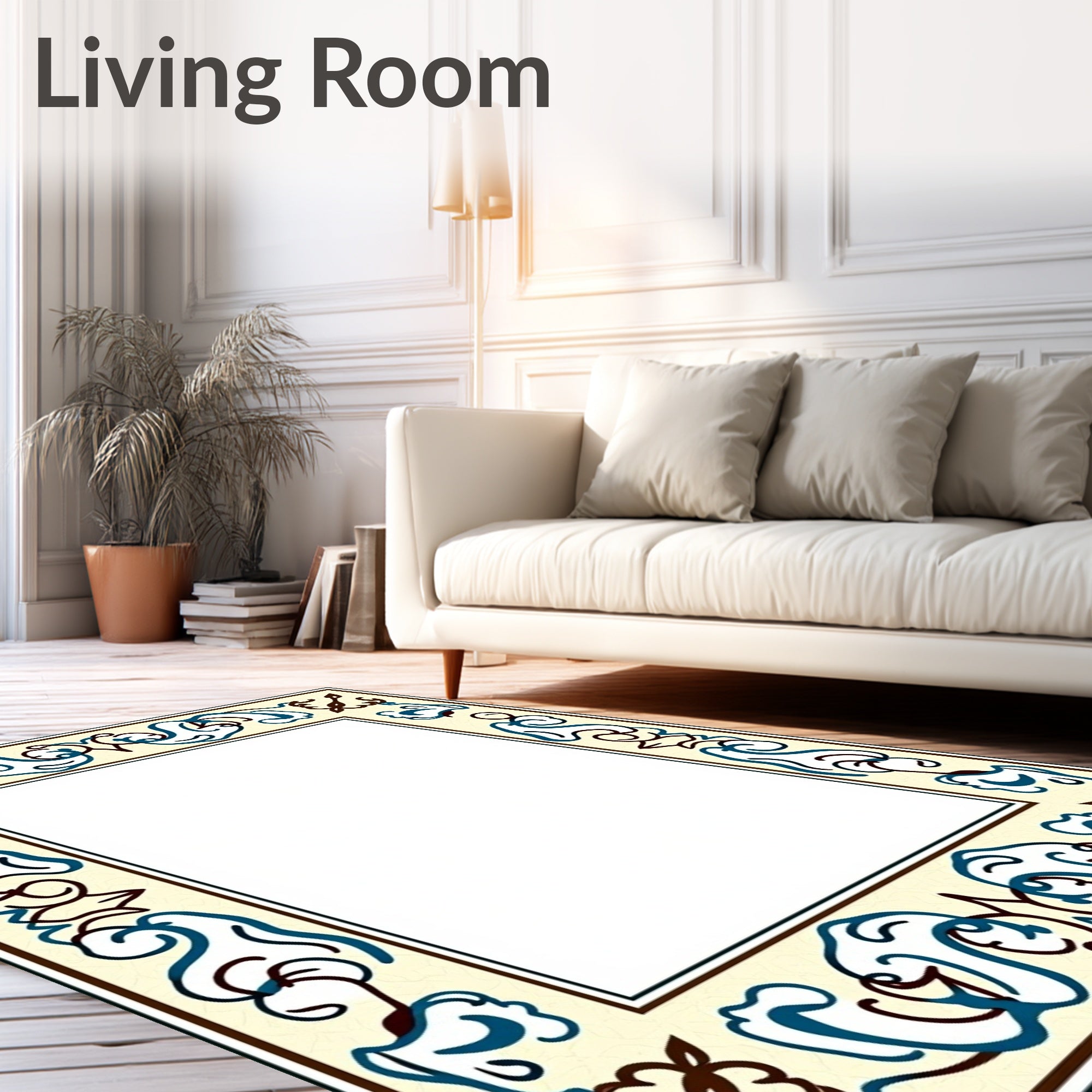 Ornate Cream Blue Brown Floral Border Rug