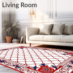 Red Blue Geometric Floral Tile Pattern Rug