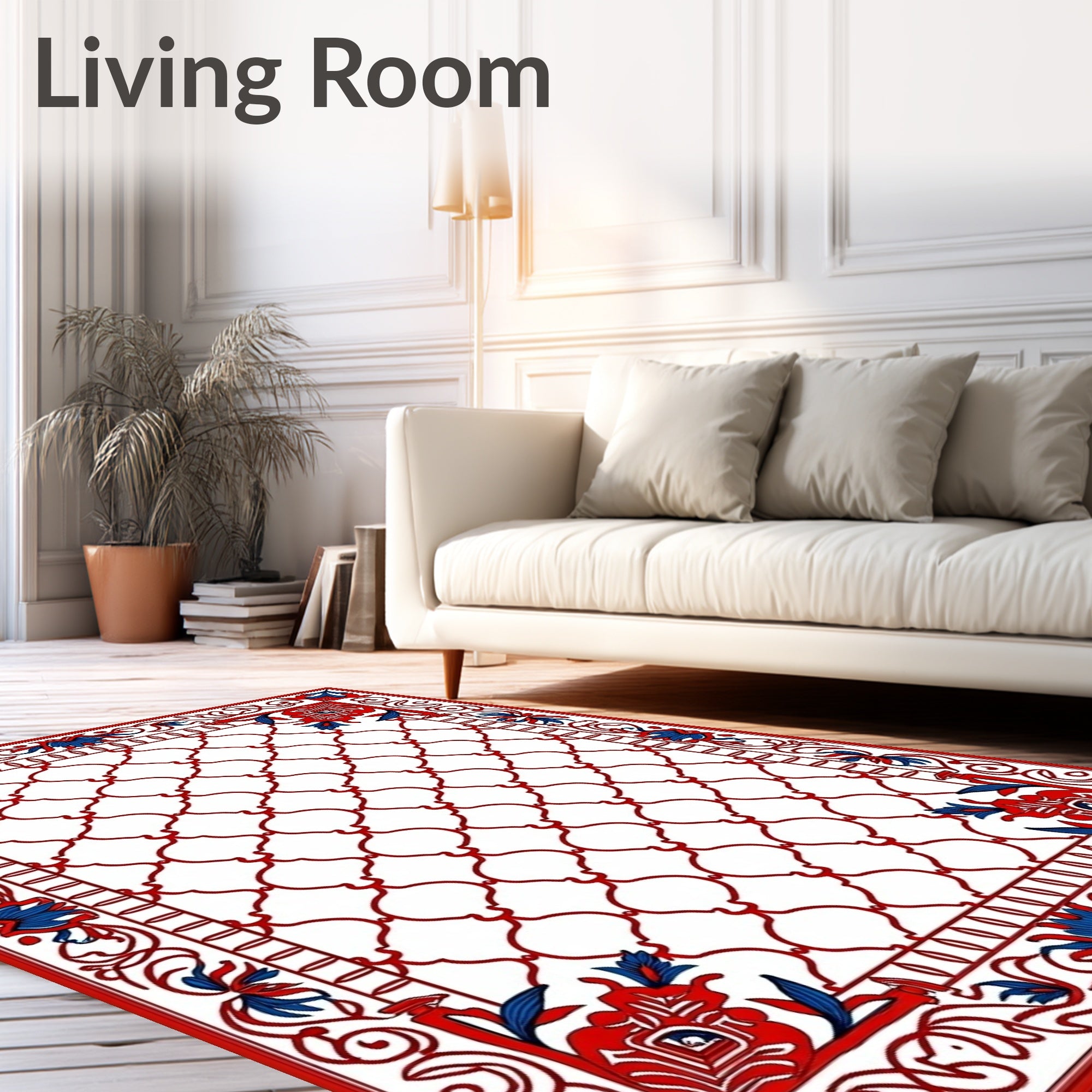 Red Blue Geometric Floral Tile Pattern Rug
