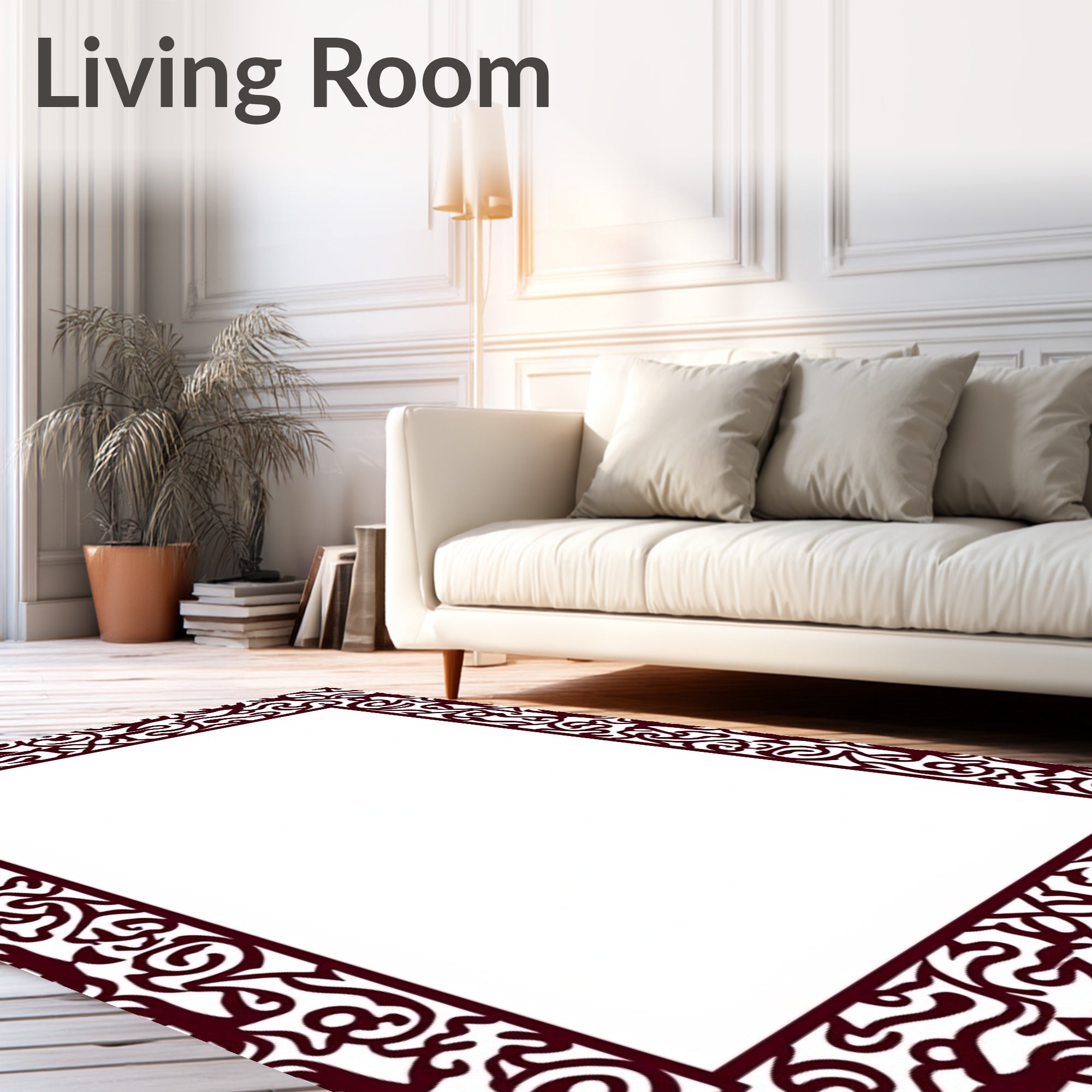Ornate Maroon Swirl Border Design Rug
