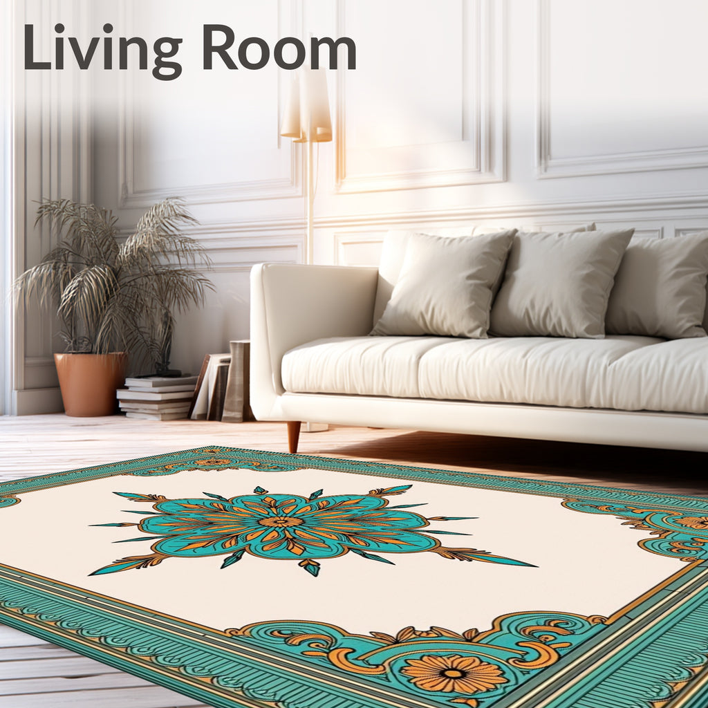Ornate Teal and Gold Floral Medallion Rug