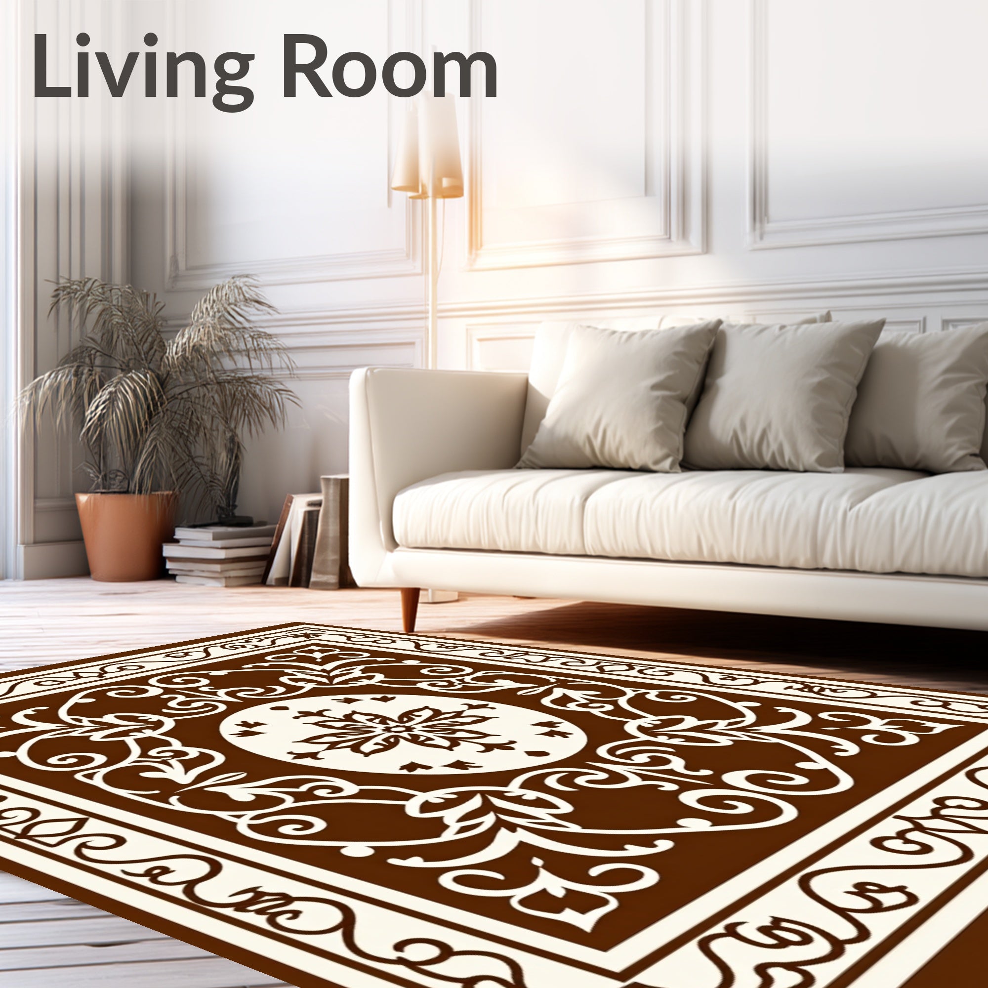 Ornate Brown Cream Floral Scroll Rug
