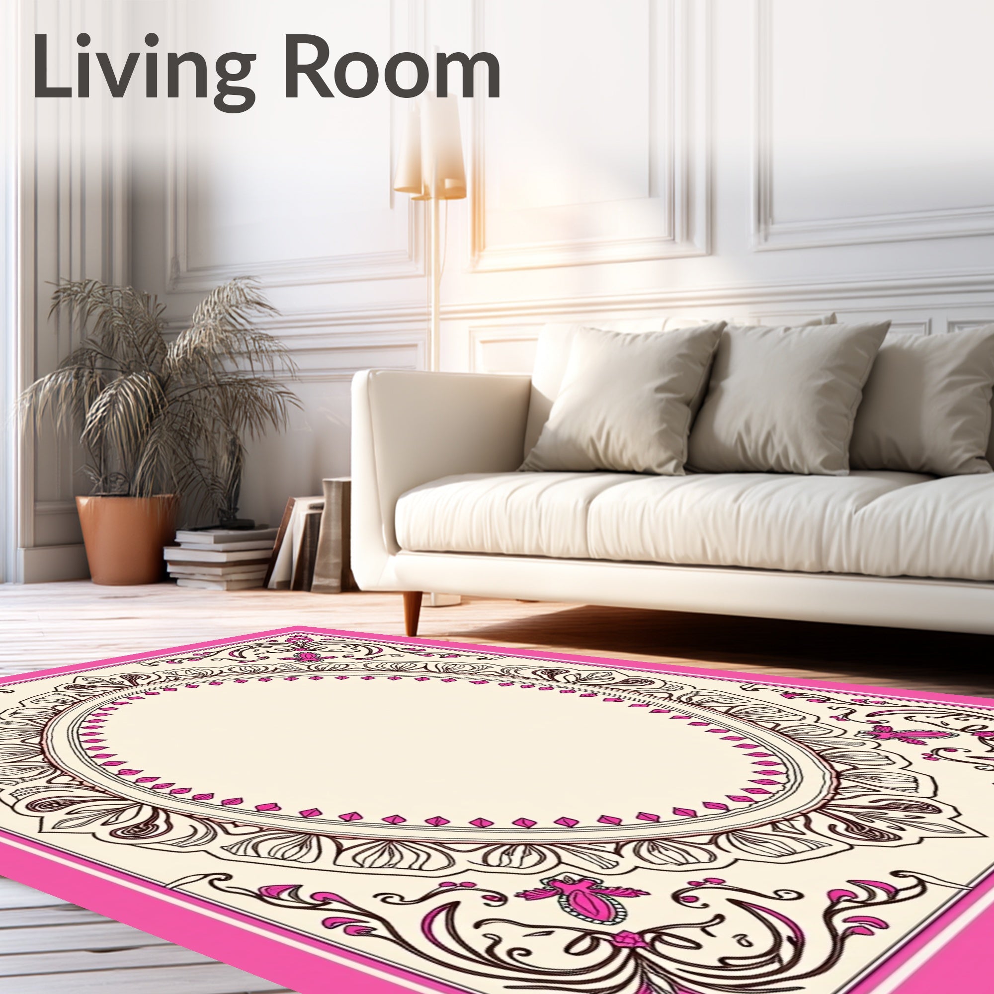 Ornate Pink Cream Floral Scroll Rug