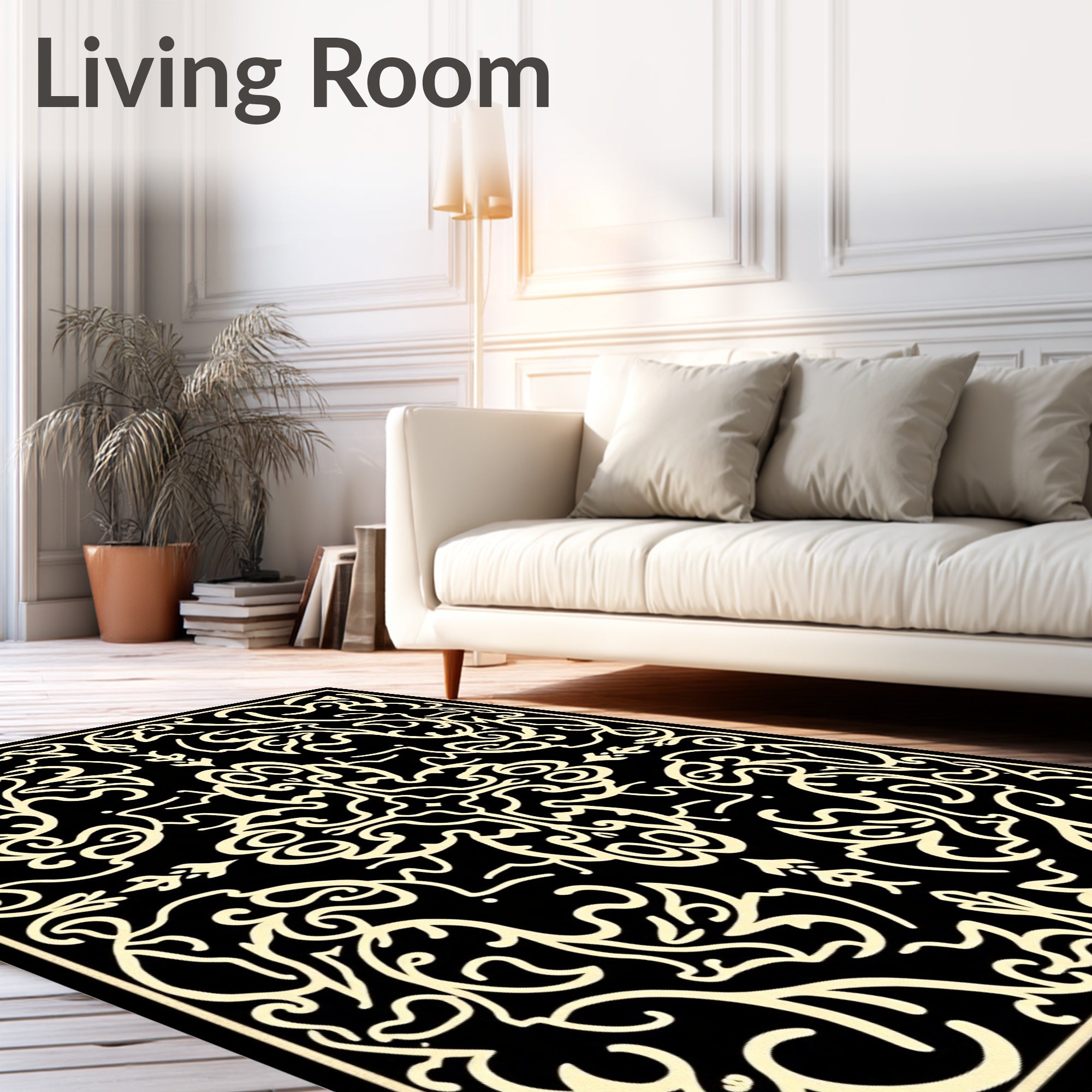 Elegant Black Ivory Scroll Pattern Rug