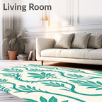Teal Vine Leaf Damask Pattern Rug