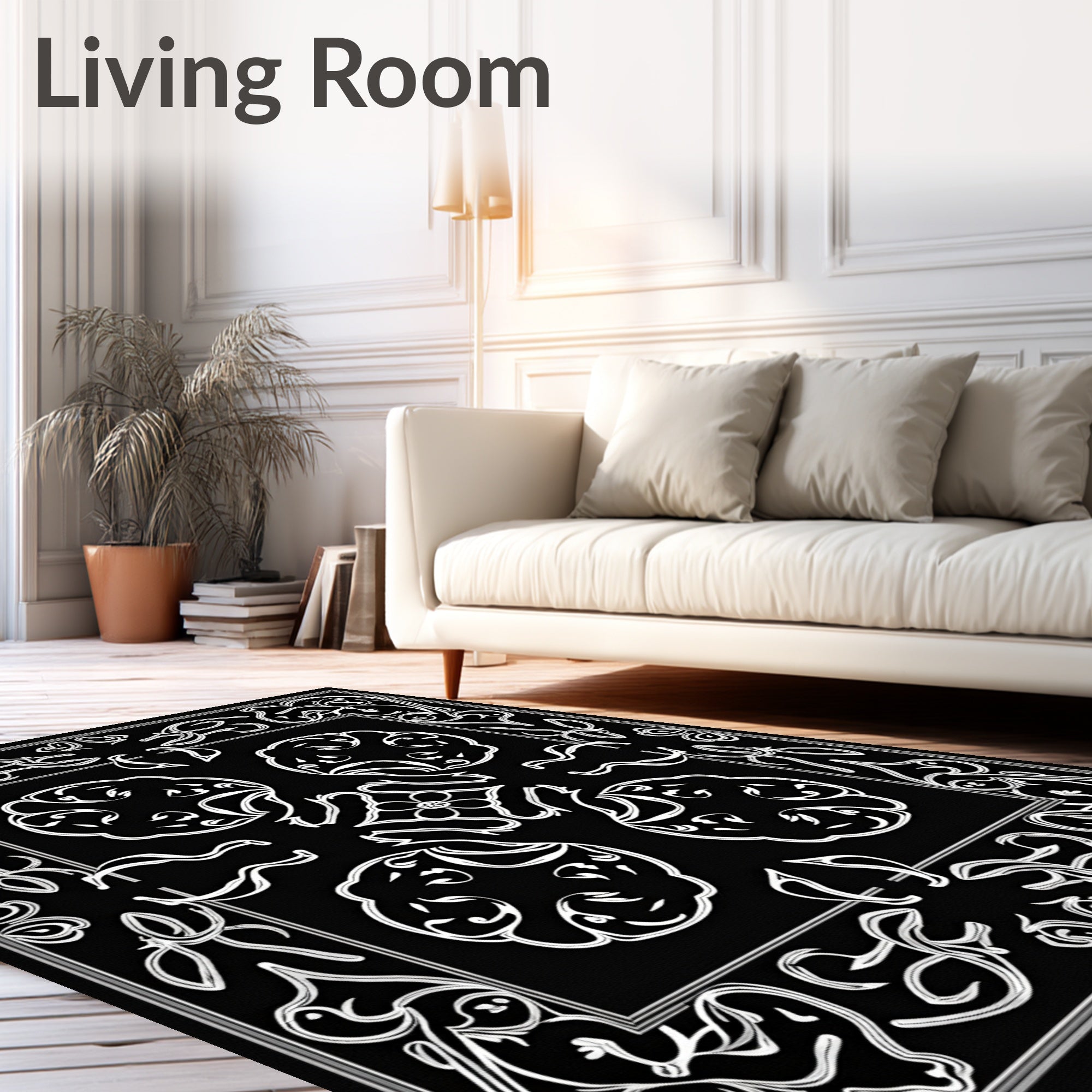 Classic Black White Ornamental Design Rug