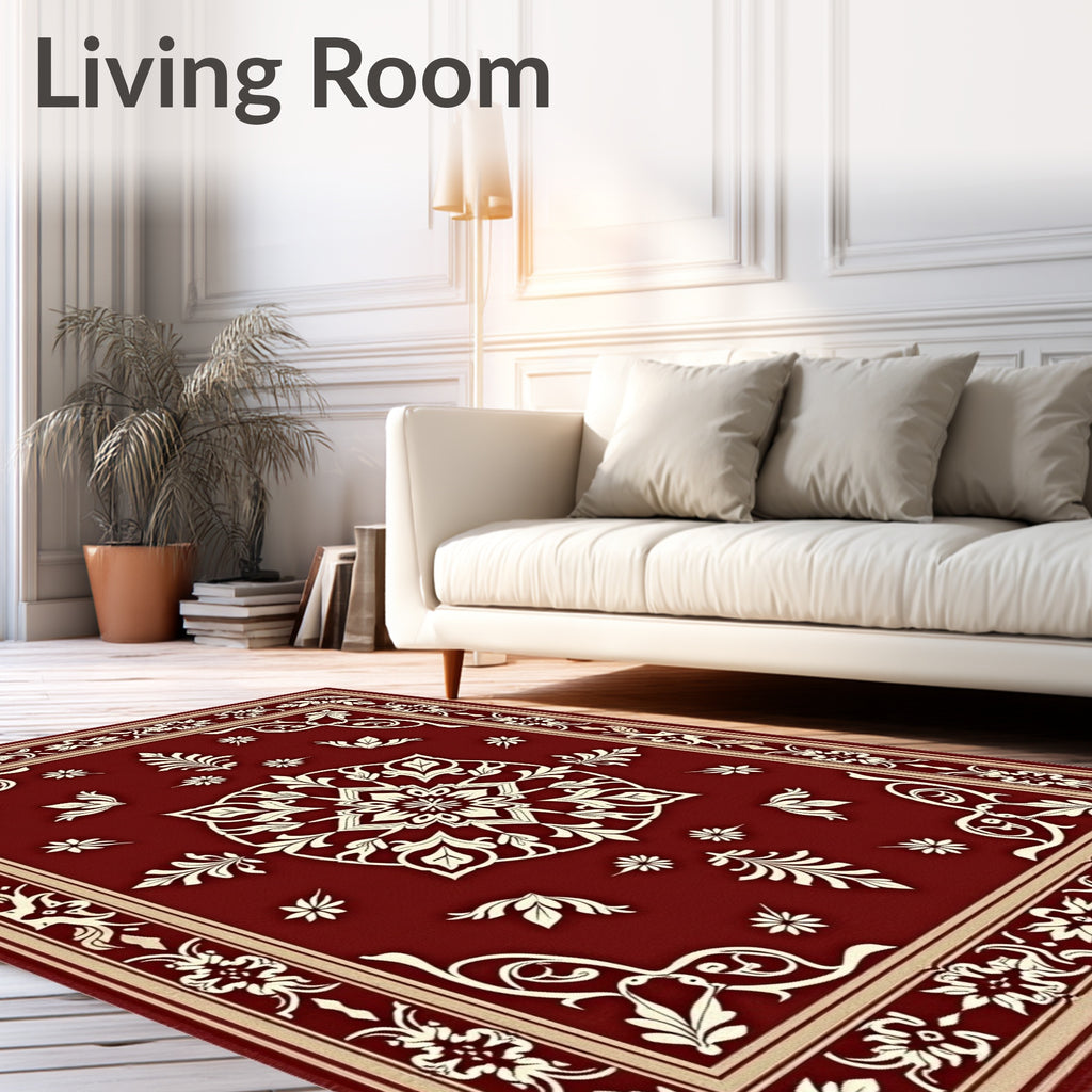 Deep Red Floral Medallion Design Rug