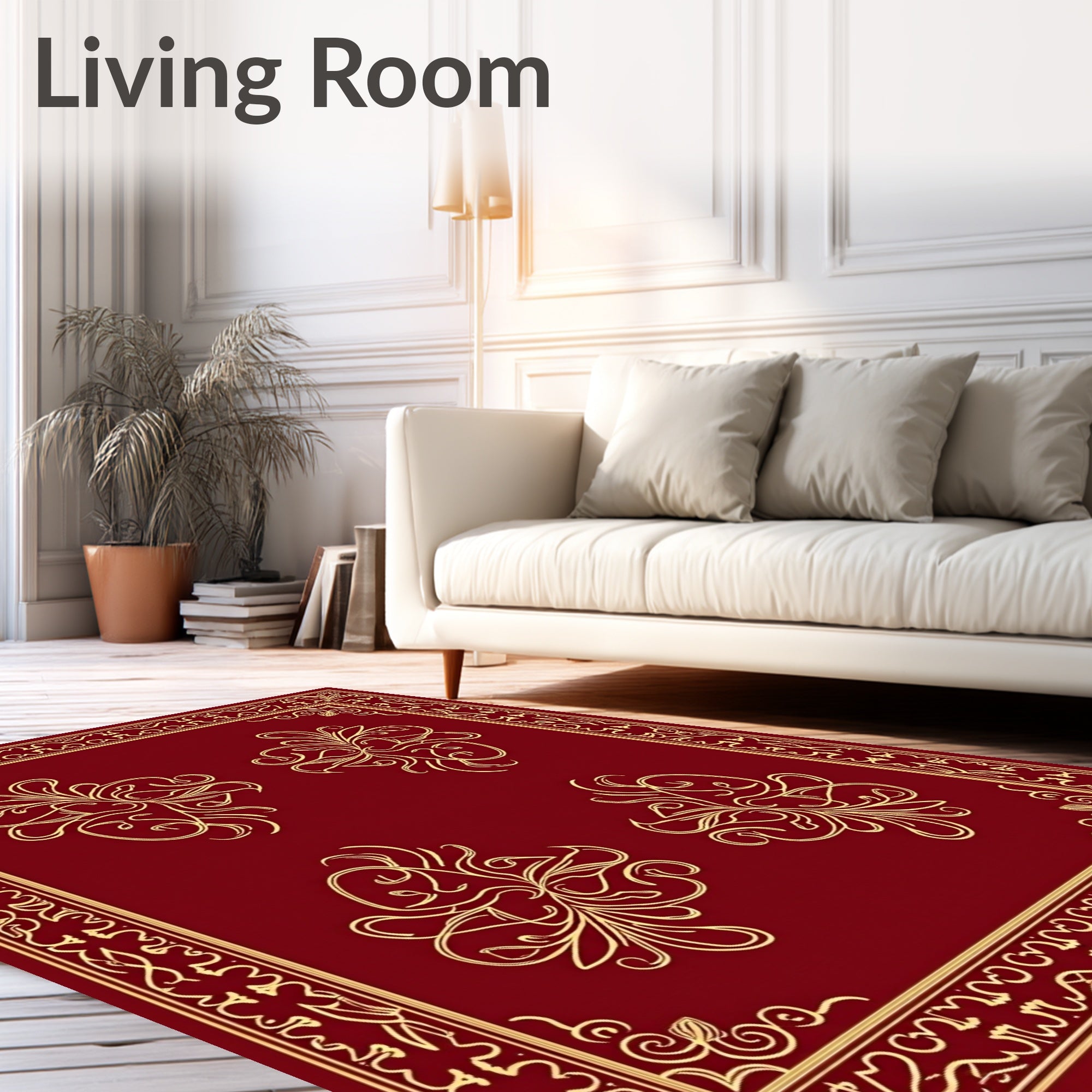 Elegant Red Gold Floral Scroll Design Rug
