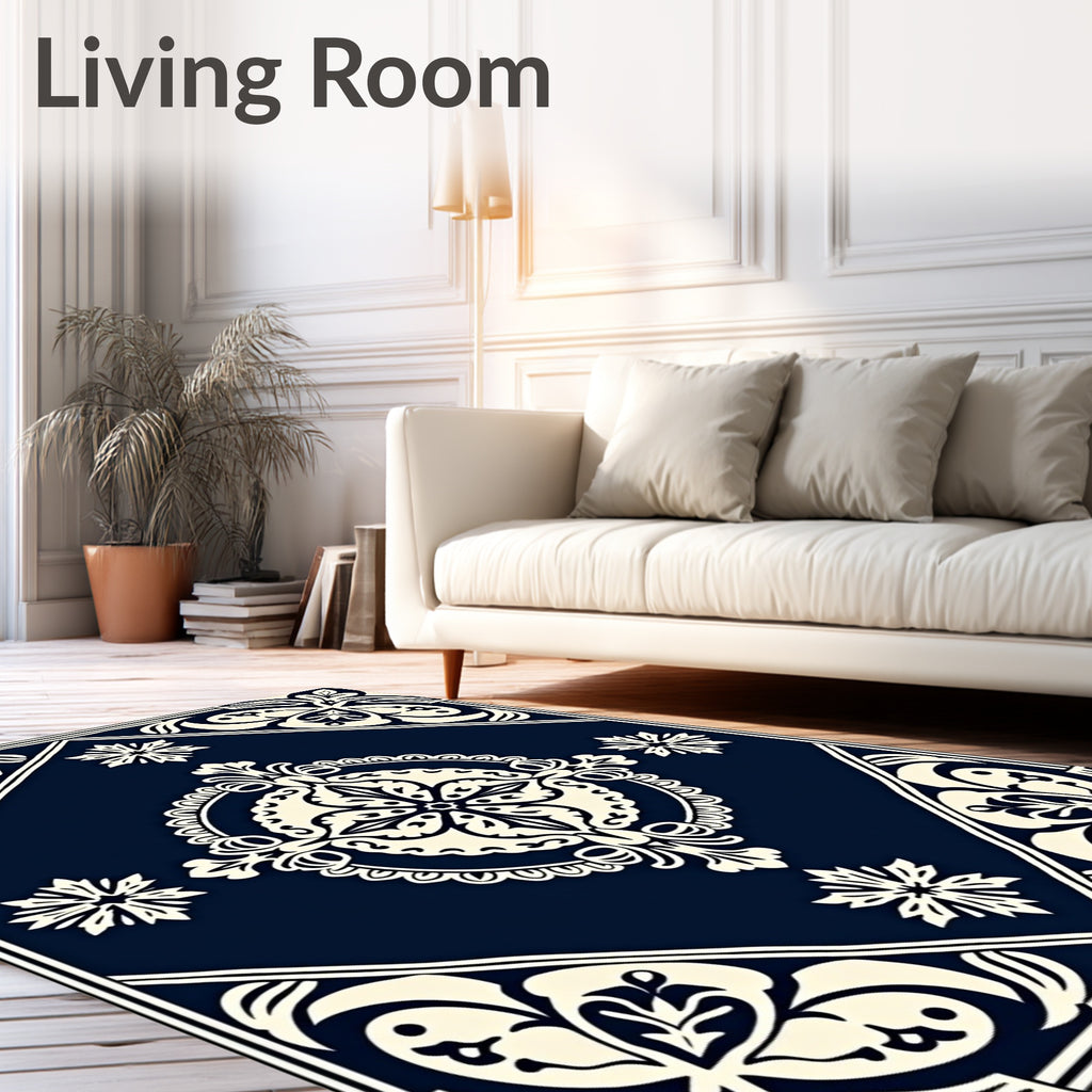 Classic Floral Medallion Dark Blue Cream Rug