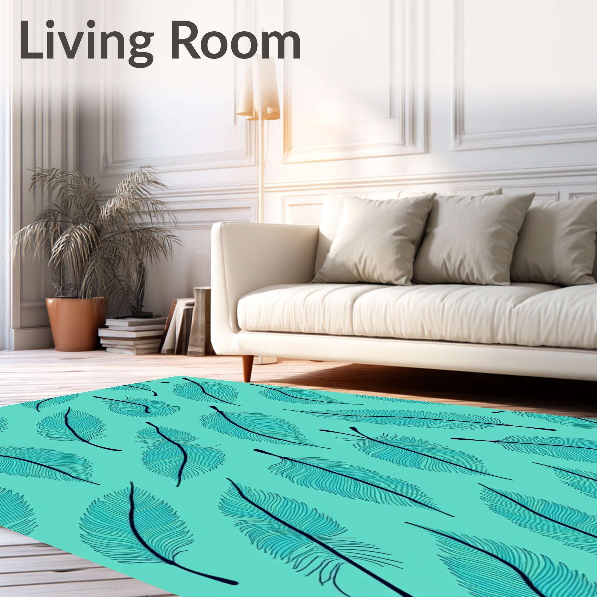 Teal Feather Pattern With Dark Outline Rug