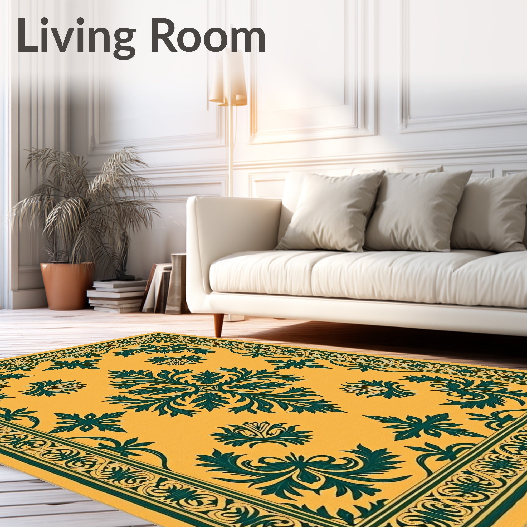 Golden Yellow Teal Floral Scroll Rug