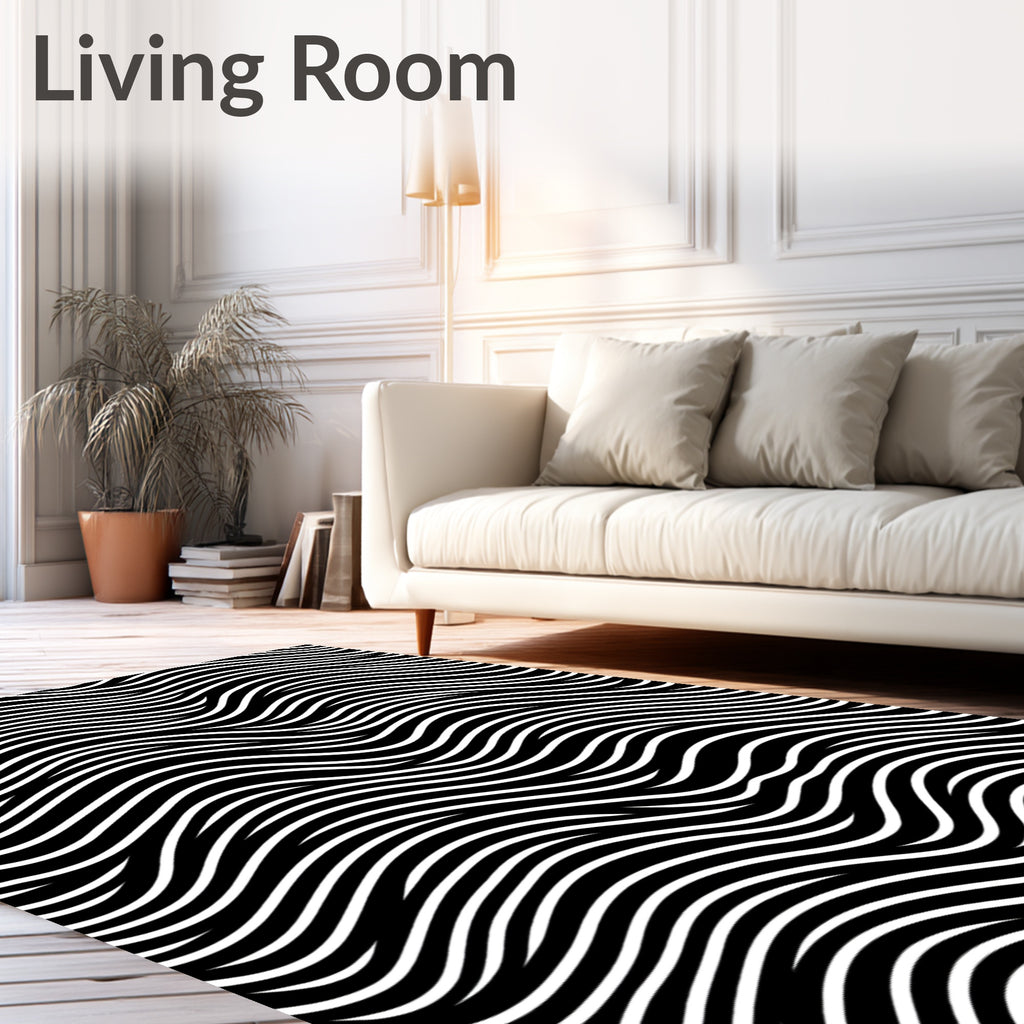 Black White Wavy Line Design Rug