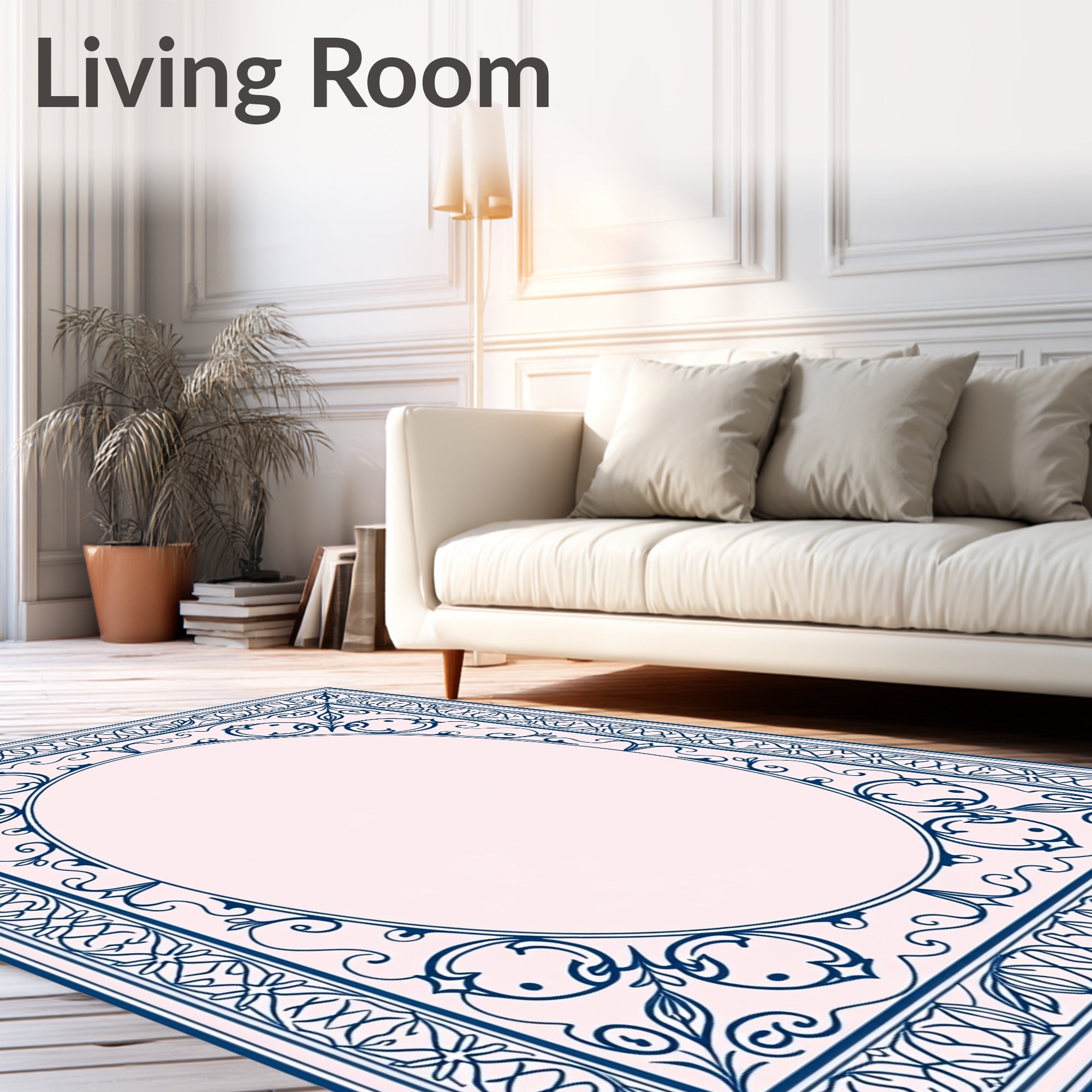 Ornate Blue White Decorative Frame Rug
