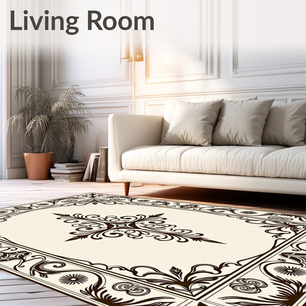 Ornate Scrollwork And Floral Border Design Rug